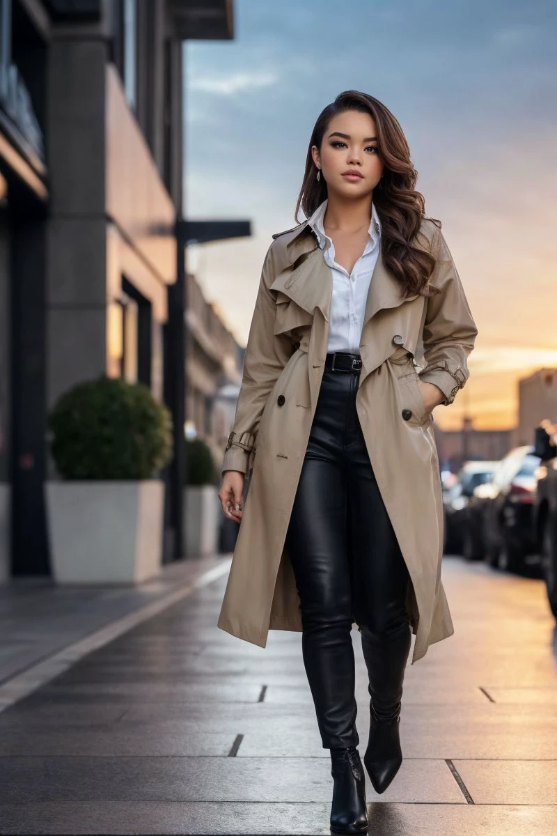 photo of S476_ParisBerelc,a stylish woman,in a (city:1.1),wearing a (trench coat),(shirt),(sunset),(4k, RAW photo, best quality, 50mm, depth of field, ultra high res:1.1),(intricate, photorealistic, cinematic-shot, masterpiece, ultra-detailed:1.1),