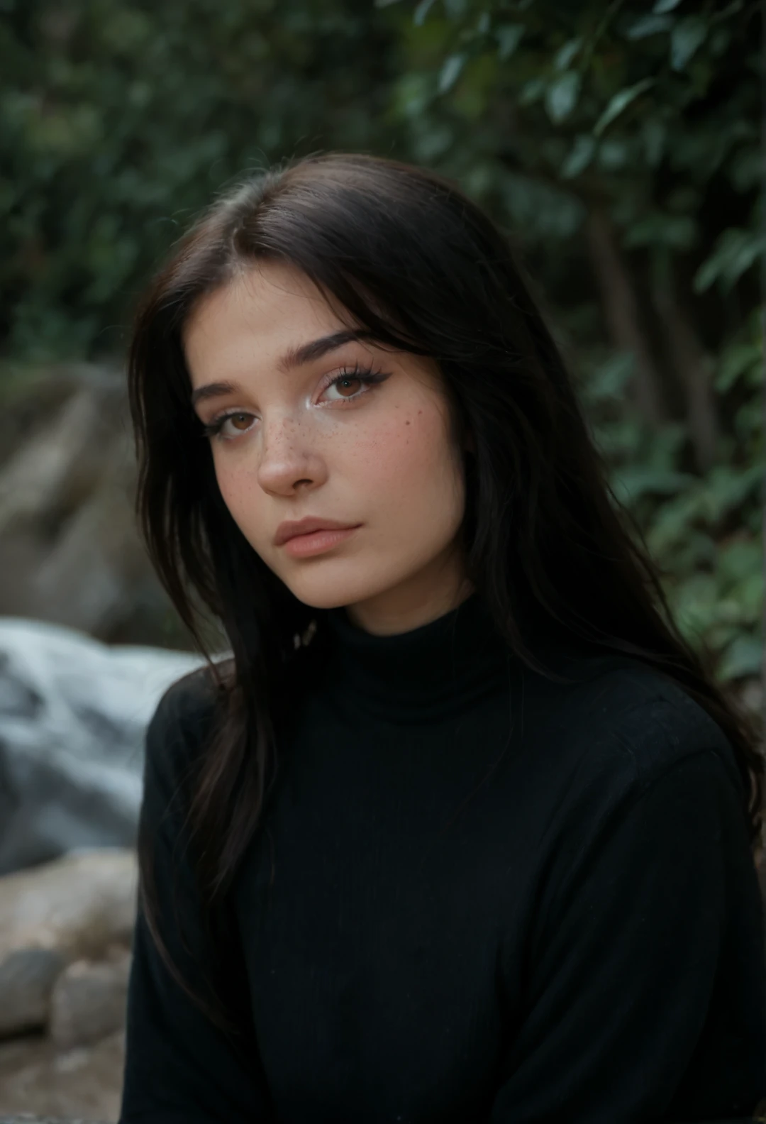 score_9, score_8_up, score_7_up, M1lkG0re, 1girl, solo, long hair, looking at viewer, brown eyes, black sweater, black hair, upper body,freckles, realistic, tattoos, outdoor