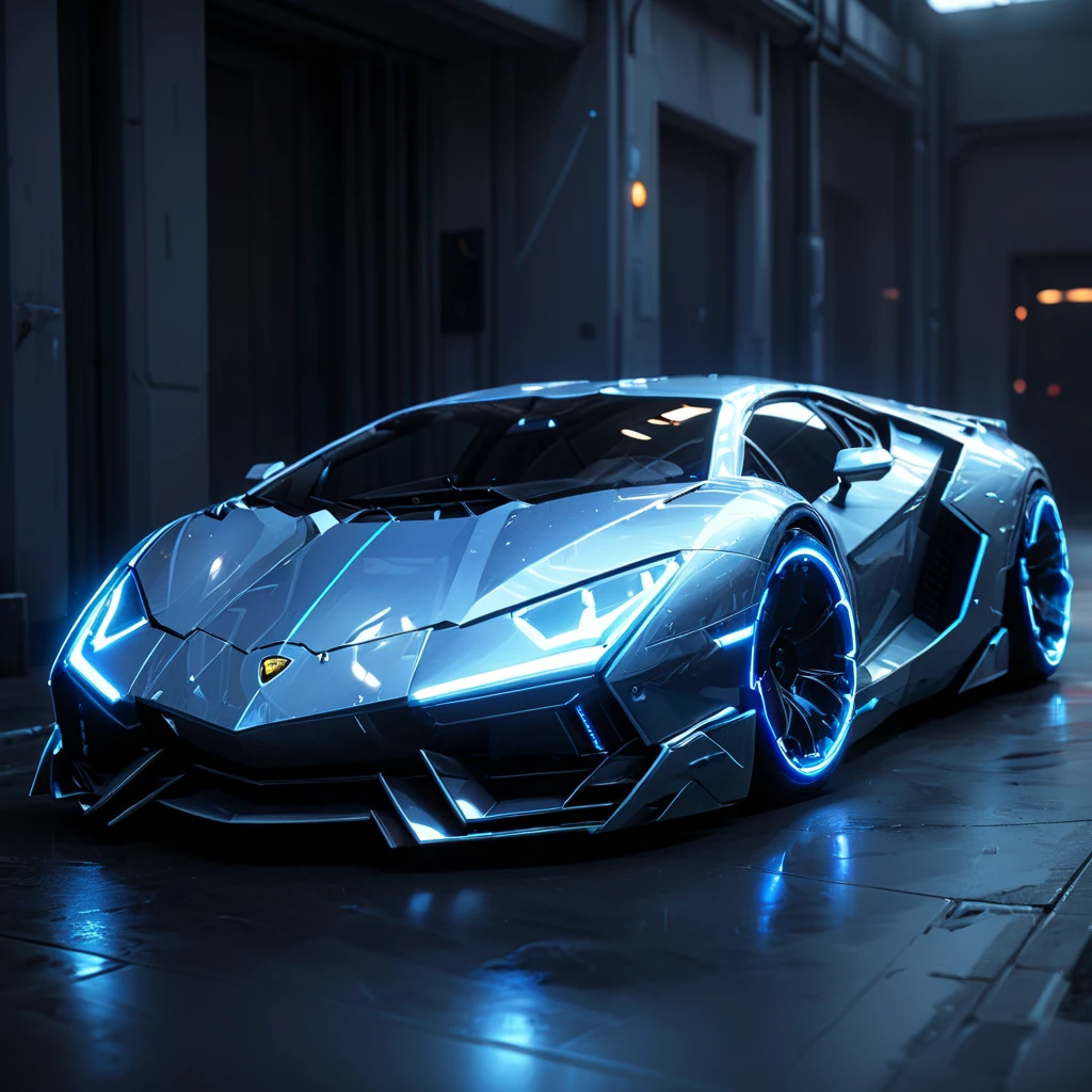 a divin and futuristic lamborghini made of glossy silver and blue glow, delicate frame, cyborg, deus ex human revolution, SilverPulse, masterpiece, best quality, highly detailed, sharp focus, dynamic lighting