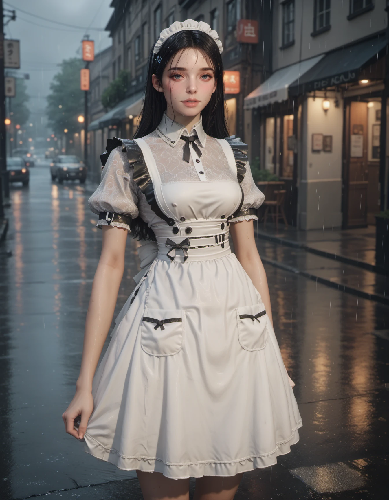 score_9, score_8_up, score_7_up,score_6_up, score_5_up,1girl, looking at the viewer, Maid,   long hair, standing on the street in the rain, 
<lora:valbyv2v2:1>