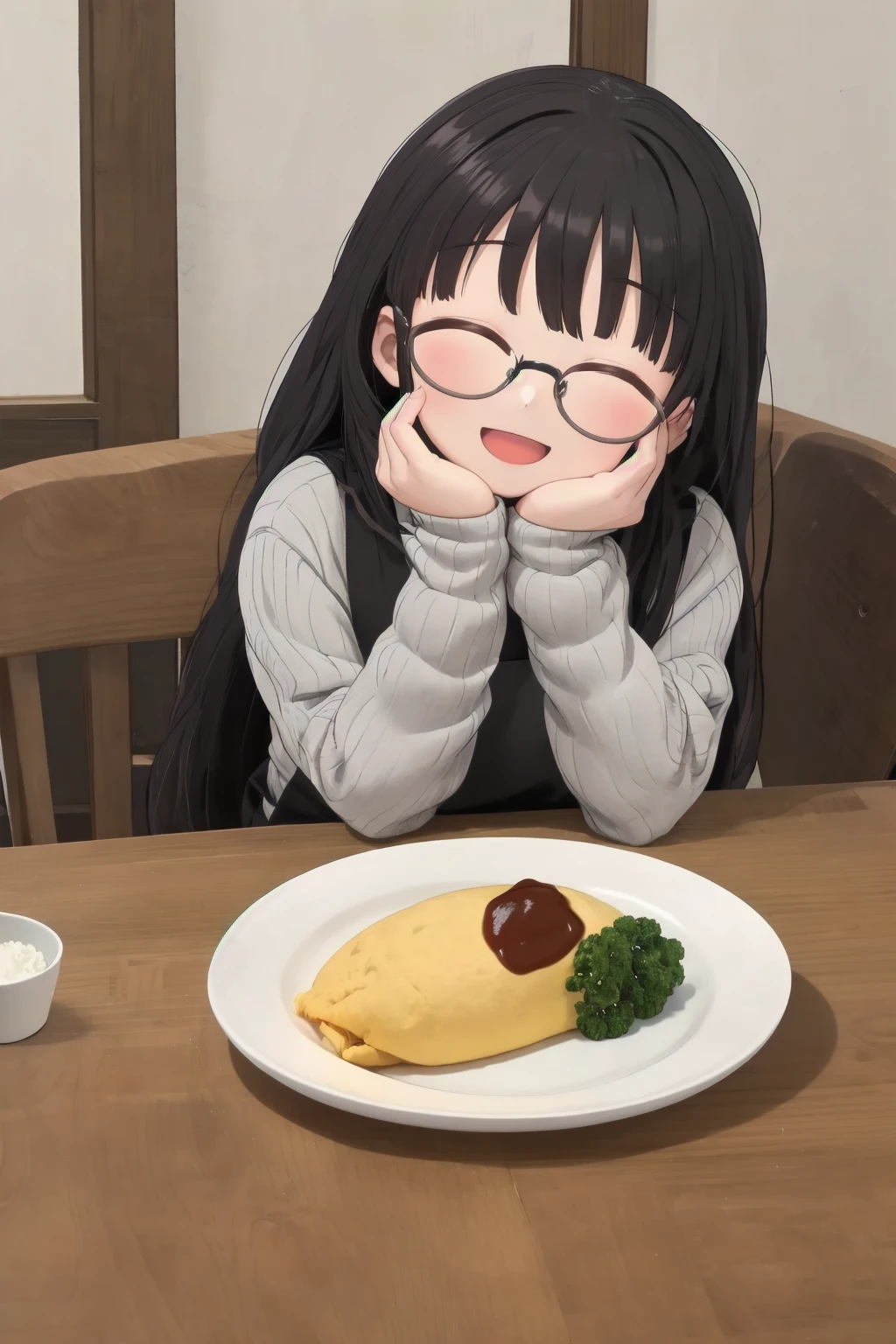 masterpiece, best quality, very aesthetic, absurdres,
1girl, solo, glasses, black hair, long hair, white ribbed sweater, black apron,  happy, smile, looking at viewer, closed eyes, open mouth, sitting, across table, own hands together, hands on cheek,
omurice, plate, food, ketchup, spoon, still life, wooden table, 
 <lora:omurice_SD15_V1:1>