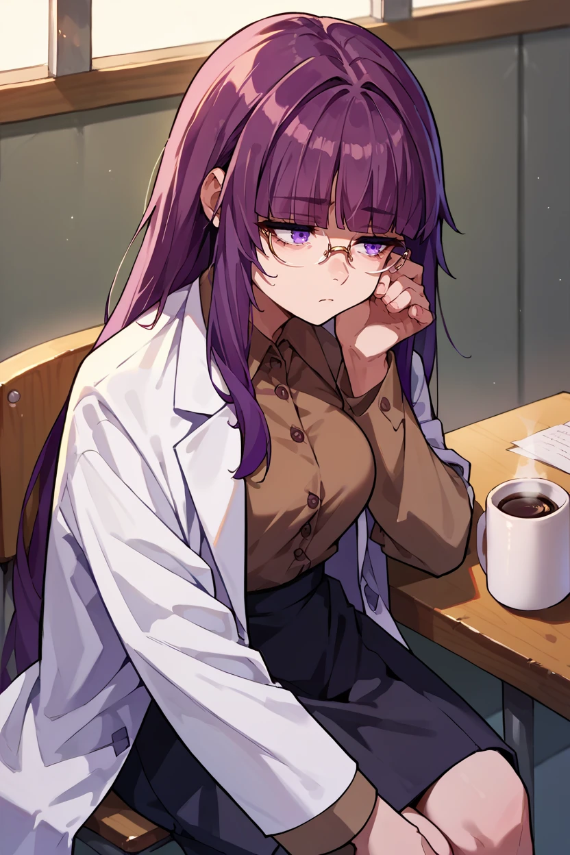 score_9, score_8_up, score_7_up, score_6_up, source_anime, 1girl, solo, <lora:eta-pdxl-nvwls-v1:1> eta, purple hair, blunt bangs, long hair, medium breasts, white labcoat, brown shirt, collared shirt, glasses, black skirt, sitting, chair, desk, tired, coffee mug