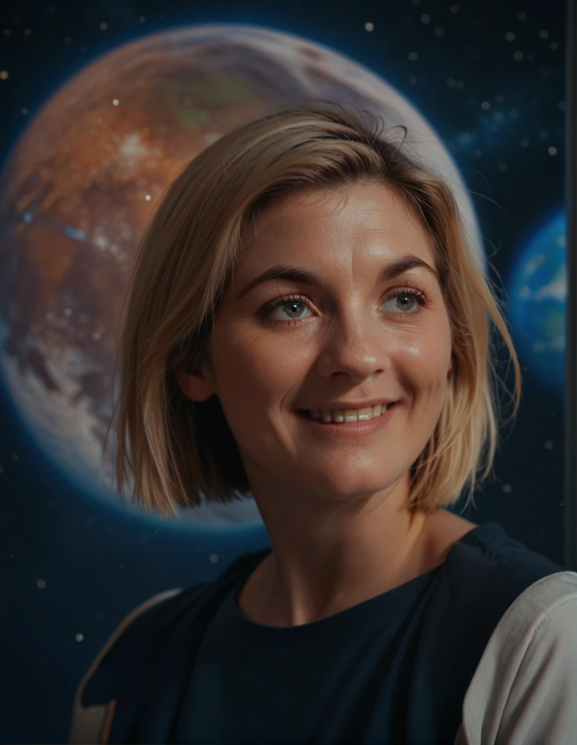 1girl,  blonde, short hair, outdoors, looking at the distance, space background, smile <lora:13th_Doctor:0.7> 13thd0ctor, ambar eyes, score_9, score_8_up, score_7_up, score_6_up