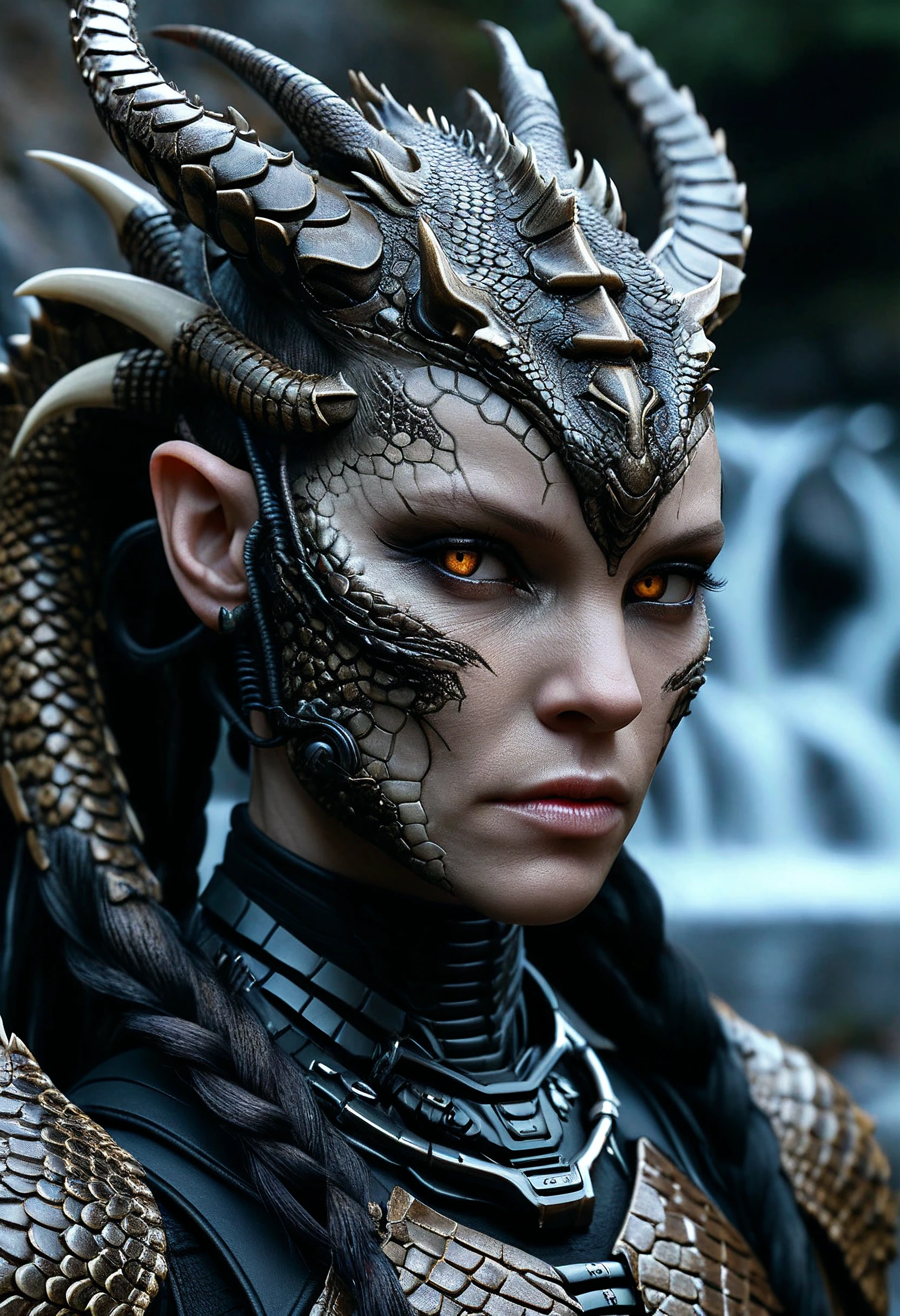 biomechanical cyberpunk female human dragon hybrid, close-up, outdoors near a waterfall at night, covered in dark earth tone matte scales as skin, dragon scale armor, striking reptilian eyes with vertical pupils, dragon horns, bald except a braided ponytail, exudes confidence and power, . cybernetics, human-machine fusion, dystopian, organic meets artificial, dark, intricate, highly detailed, zavy-cbrpnk, faceplate, <lora:zavy-cbrpnk-sdxl:0.5>,