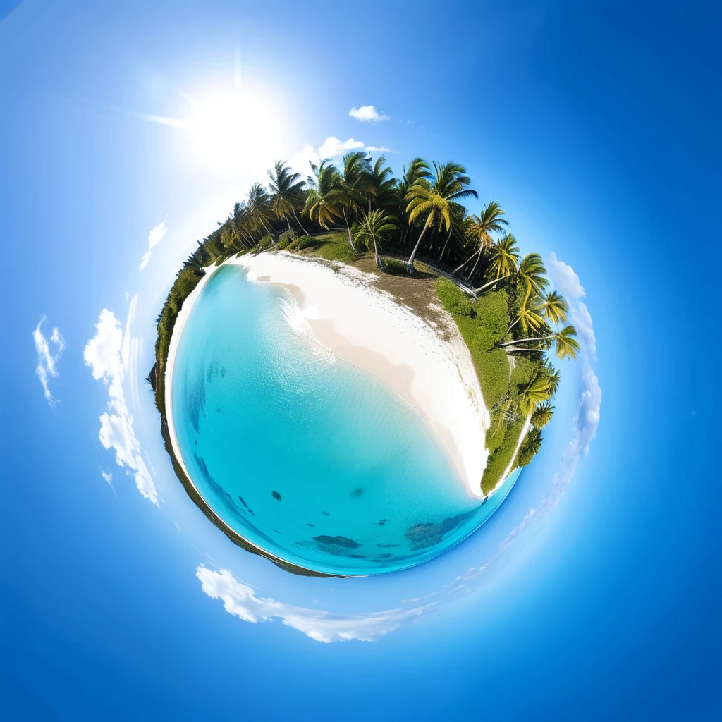 A tiny planet of a picturesque beach in the Caribbean. The sky is clear with the sun high above. The landscape below features white sandy beaches, turquoise water, and scattered palm trees. The lighting is bright, casting clear, defined shadows.
