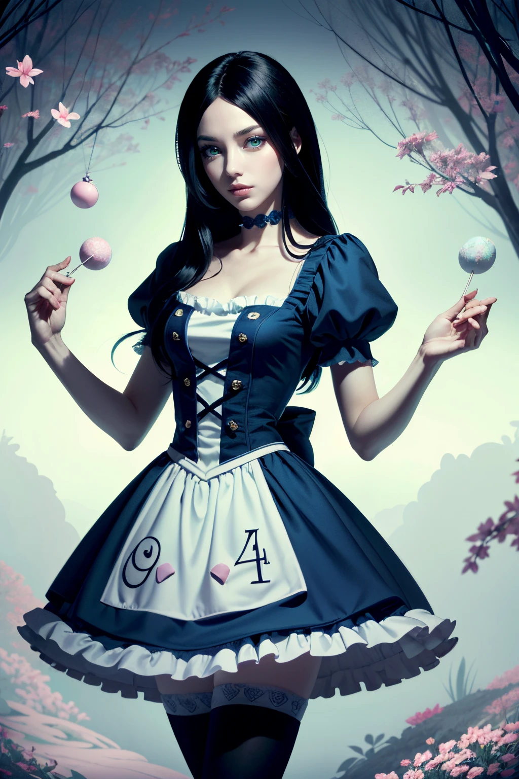 ((ultra detailed, masterpiece, absurdres))
<lora:AliceMadness:0.8>
AliceMadness, 1girl, long hair, black hair, green eyes, looking at viewer, blue dress, thighhighs, placed in a whimsical candyland with pastel-colored surroundings. The lighting is vibrant and candy-colored, creating a playful and dreamy atmosphere