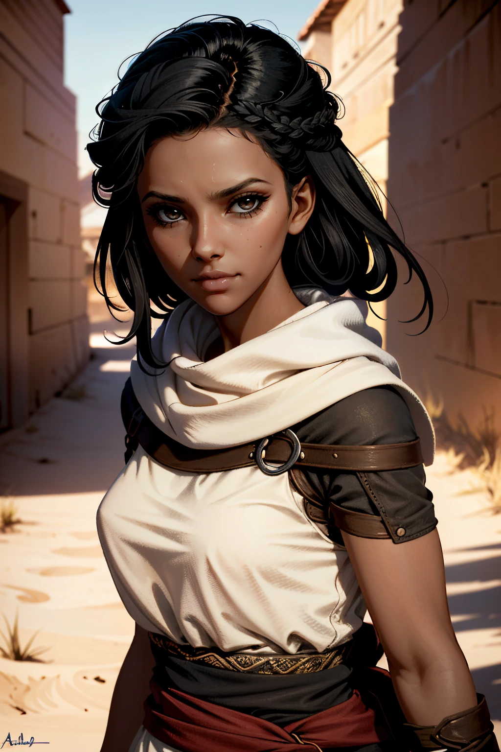 ((ultra detailed, masterpiece, absurdres))
<lora:ACAya:0.7>
ACAya, 1girl, black hair, brown eyes, dark skin, looking at viewer, desert, noon, intense and shimmering sunlight