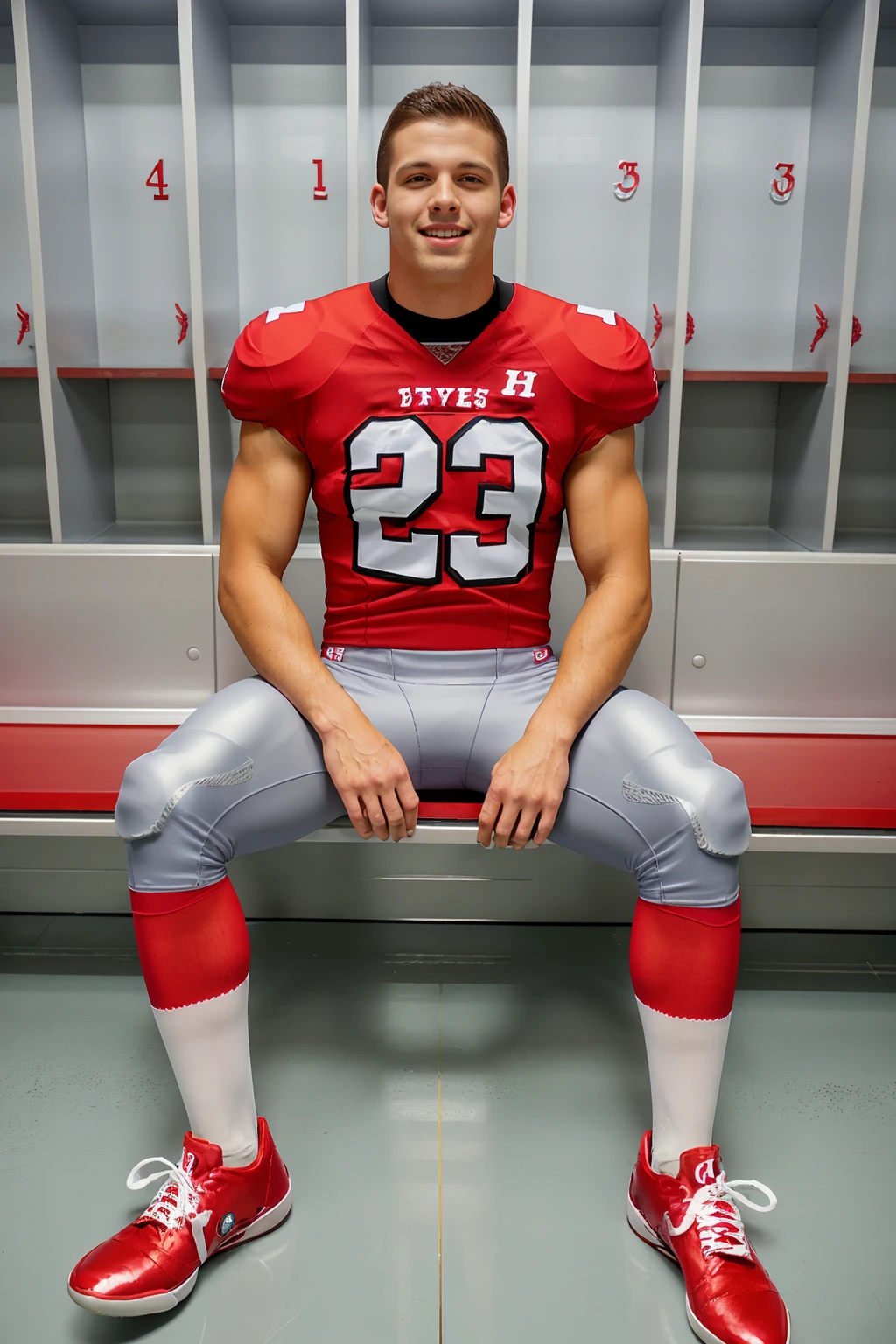 locker room, sitting on a bench, in front of lockers, slightly smiling, JonKael is an (American football player), wearing scarlet red (football uniform:1.3), (scarlet red jersey:1.3), (shoulder pads), (jersey number 23), (pale silver football pants:1.3), (scarlet red socks:1.3), (black sneakers:1.3), (((full body portrait))), wide angle   <lora:JonKael:0.8>