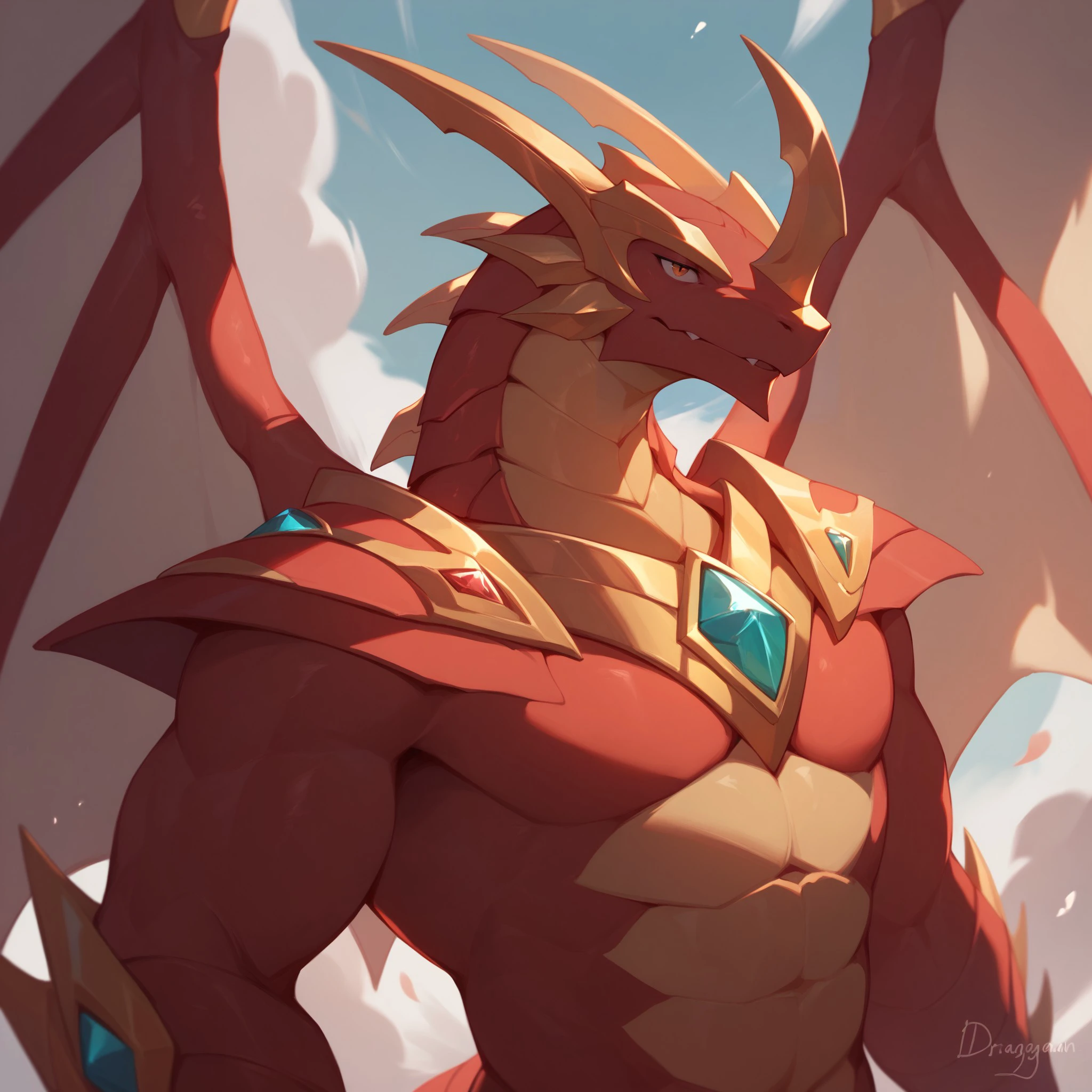 score_9, score_8_up, score_7_up, solo, drago (bakugan), dragon anthro, chest gem, red body, wings, <lora:Drago(bakugan)PonyXL:1>, detailed background, nude, portrait