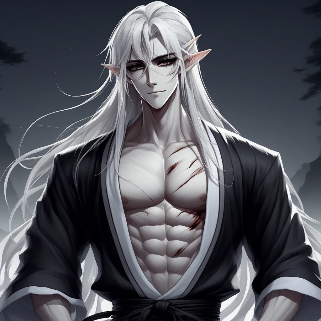 Demon Slayer Swordsman, (sanemi shinazugawa), un hombre musculoso de aspecto imponente, pale skin, albino, white hair spiky and wild and disheveled looking with one strand of hair in the center and another on one side of the face, cicatrices grandes horizontales en la frente y una cicatriz grande en la mitad de su cara, ojos grandes con los iris de color morado claro, manic expression, sonriendo con los ojos muy abiertos, lleva puesto el uniforme negro sin abotonar, showing his muscular torso and the numerous scars he has on his body, abdominales marcados, lleva puesta una chaqueta haori blanco, (demon slayer), (kimetsu no Yaiba), cicatrices grandes en la cara, mirada asesina aterradora, aspecto desafiante, actitud violenta