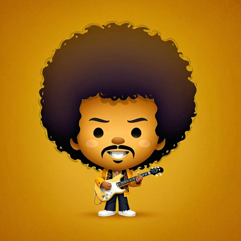 cartoon portrait of Jimi Hendrix in jmawx style, cute chibi, full character, smile, detailed facial features, Mustard color gradient background, medium contrast, complementary colors <lora:Jerrod_Maruyama_XL_V11.1:0.95>