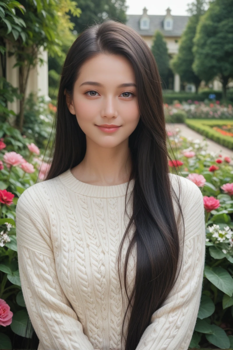 score_9,score_8_up,score_7_up,
masterpiece, 20 years old, 8k, hd, beautiful girl, black hair, very long hair, straight hair, light smile,
1girl, detailed face, beautiful woman's face, sweater, garden, full of flowers, looking at viewer, upper body, half body,