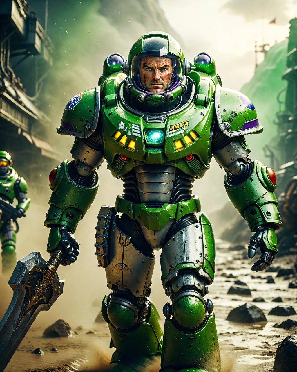 4K photograph, Cinematic scene of a strong human (Buzz Lightyear:1.2) astronaut wearing massive heavy (warhammer 40k:1.2) chaos marine grey gold armor, (glowing green magic:1.5), glass bubble helmet, cinematic lighting, (cinematic color grading:1.2), rocky alien planet, dark moody lighting, casting a spell, extremely detailed armor, adeptus mechanicus, walking through a sandstorm, small (helmet:1.4), sword, detailed textures, fuji cinestill, sunset <lora:Dystopia:0.3> <lora:add-detail-xl:1>