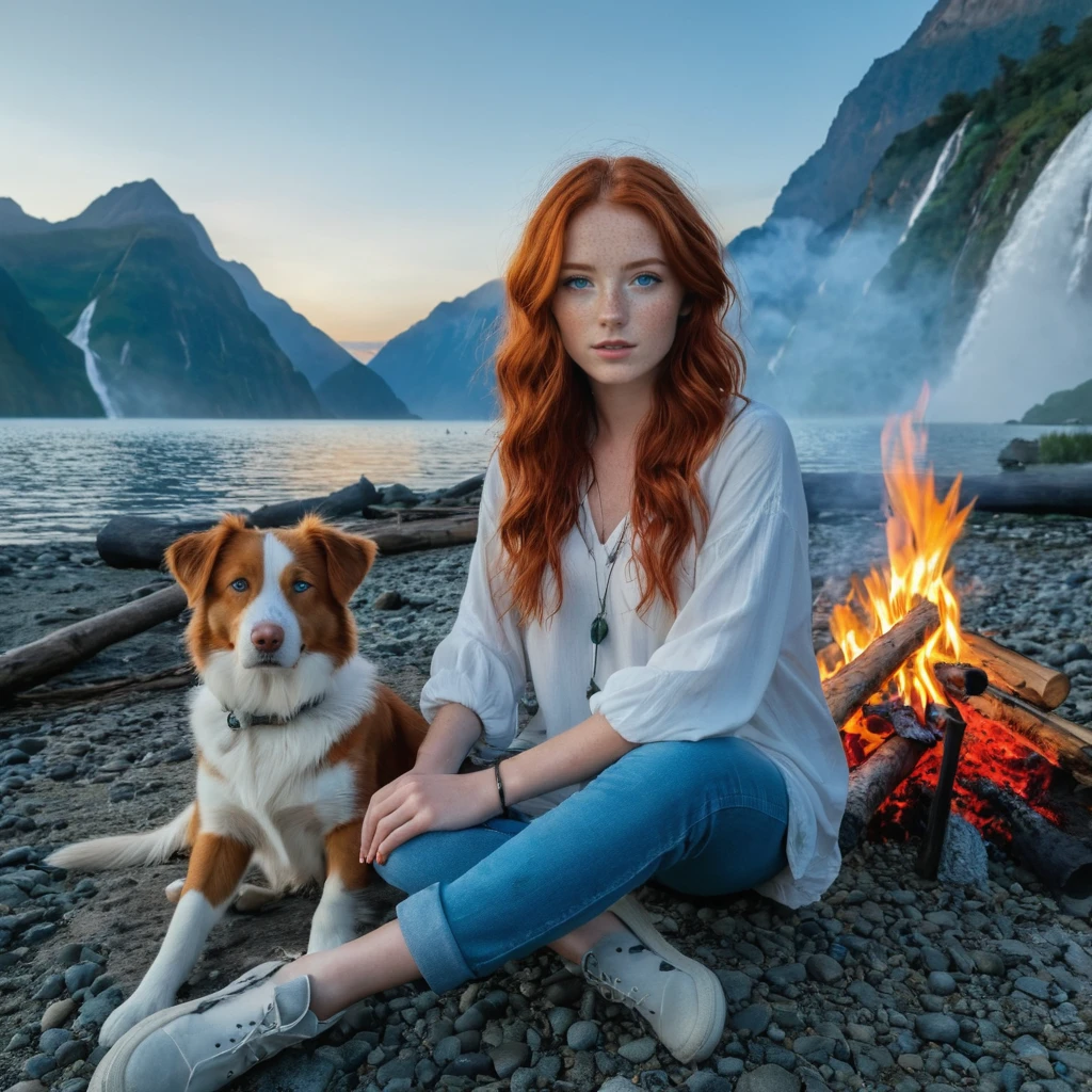 professional DSLR photo of a beautiful girl with red hair, freckles and beautiful blue eyes relaxing by the campfire with a dog resting on her legs, background: a shore of a misty lagoon, dawn, rising sun beyond the mountains, mountains and waterfall in the background, masterpiece