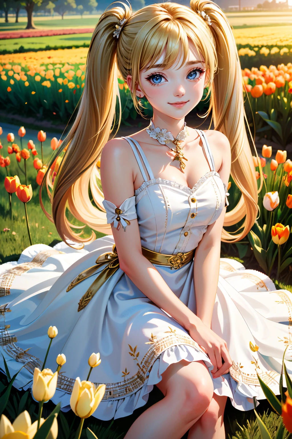 ((ultra detailed, masterpiece, absurdres))
<lora:LANia:0.8>
LANia, 1girl, blonde hair, twin tails, long hair, looking at viewer, in a field of tulips, golden hour, elegant dress, smiling