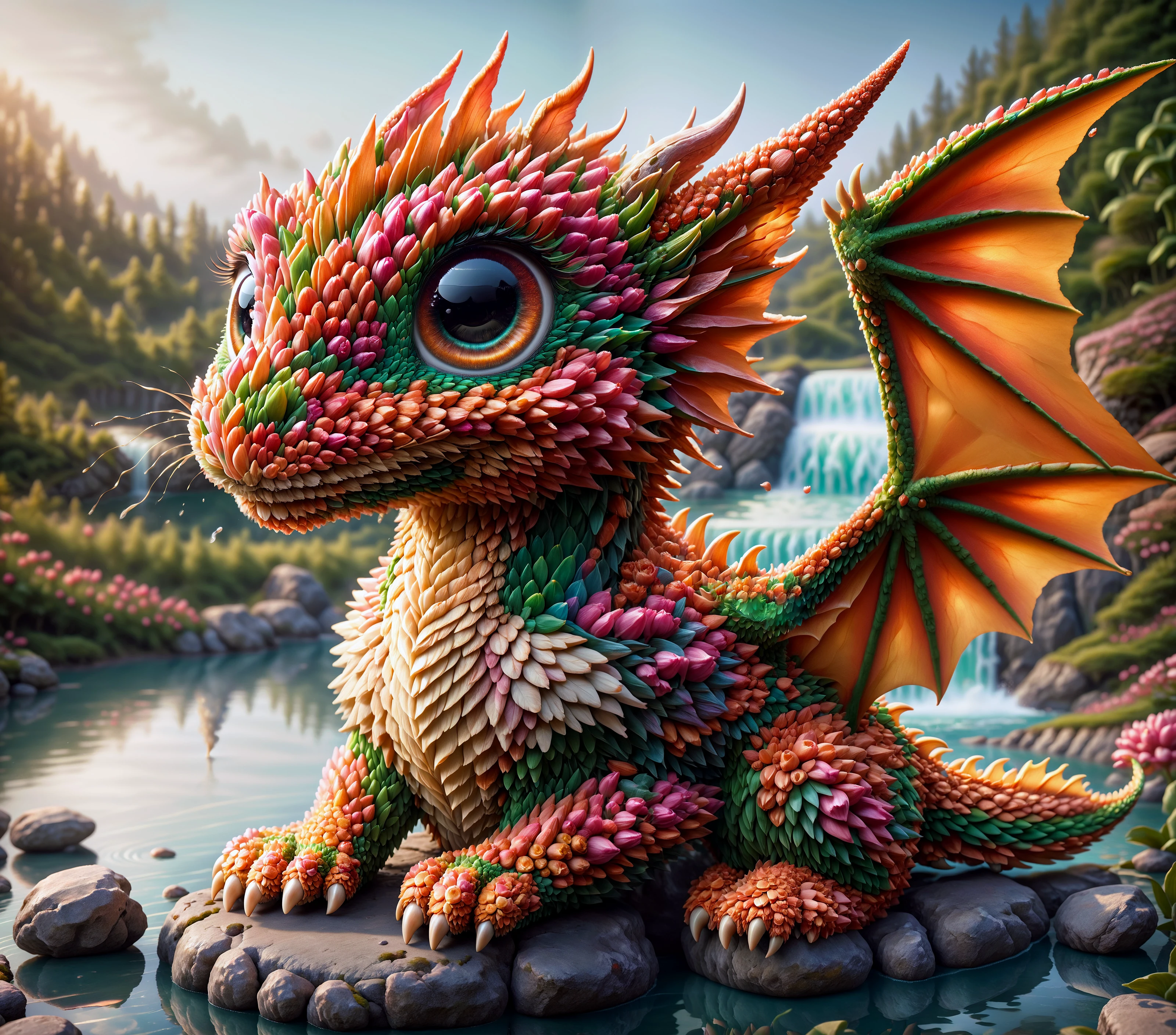 score_9, score_8_up, score_7_up,

7ul1p, 3d, (a cute little dragon is made of small colorful tulip:1.0), sitting, detailed face, (big eyes:1.1), long eye lashes, detailed eyes, (cute:1.1), laugh, eye contact, wings, 