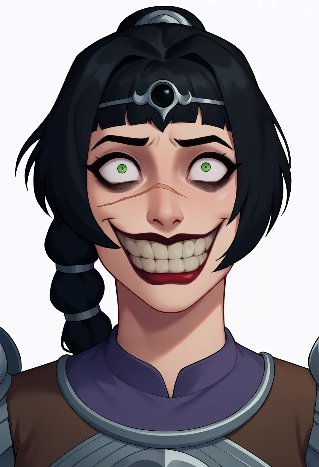 score_9, score_8_up, score_7_up, score_6_up, score_5_up, score_4_up, BREAK
jokerized, smile, grin, teeth, red lips, constricted pupils, crazy eyes,
1girl, solo, shadowheart, black hair, braided ponytail, green eyes, scar on face, circlet, looking at viewer, armor, pants,
arms behind back, standing, looking at viewer, white background <lora:ShadowHeartXL:1>    <lora:JokerizedXL:1>