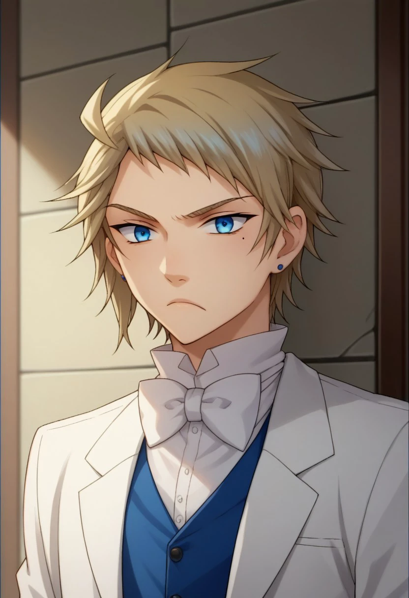 score_9, score_8_up, score_7_up, source_anime, highly detailed, 
elliot, 1boy, male focus, solo, earrings, bow, mole, bowtie, jewelry, blue eyes, mole under eye, formal, frown, suit, blonde hair, upper body, white suit, vest,
blue vest, bowtie, white bowtie,