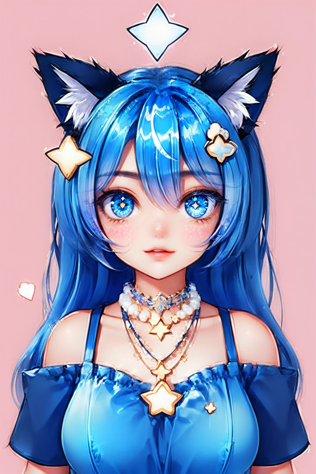 1girl, animal ears, breasts, cat hair ornament, hair ornament, heart, long hair, looking at viewer, necklace, solo, star (symbol), symbol-shaped pupils, vtuber,