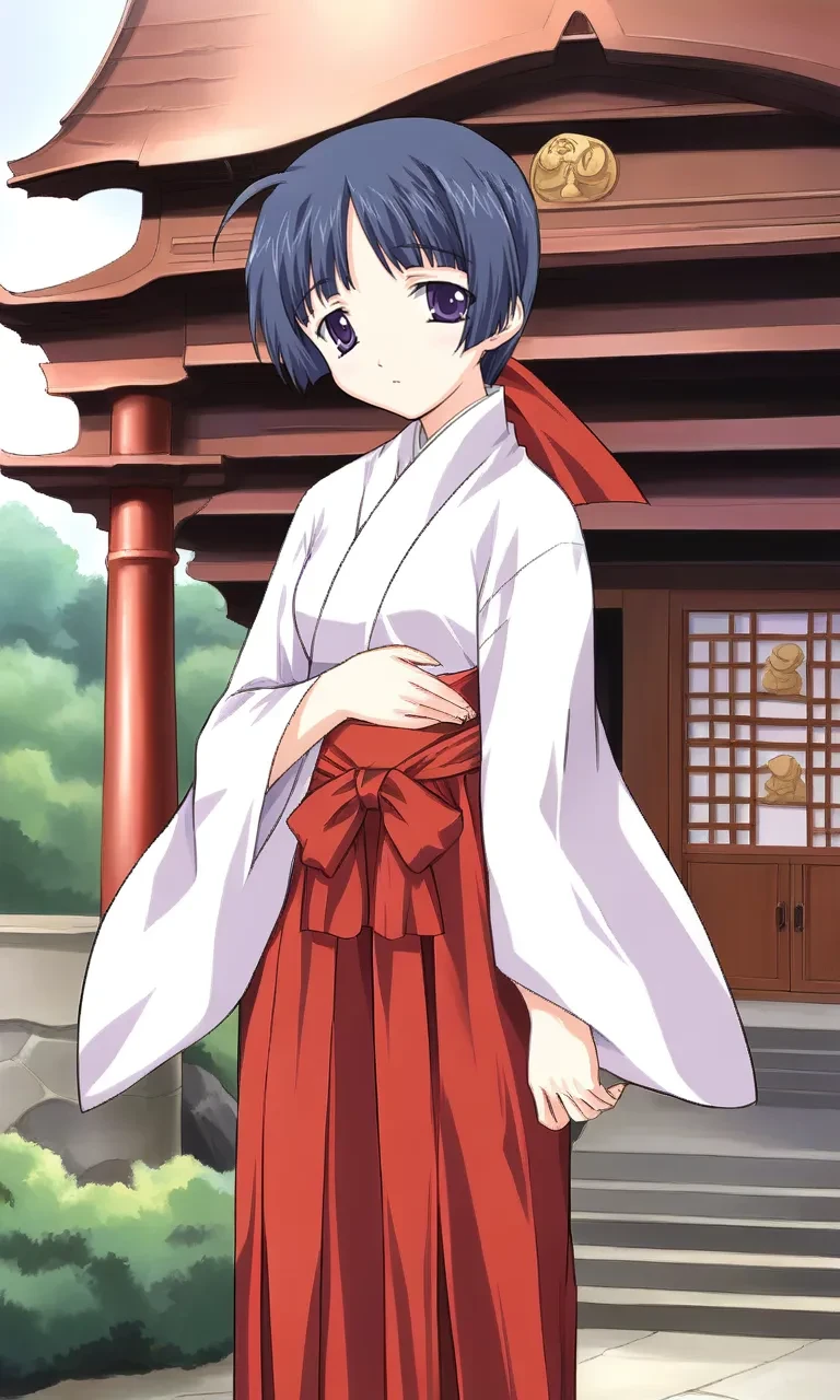 <lora:moemoegikagaminoripony:1>,
1girl, solo, moegikagaminori, black hair, blue hair, purple eyes, ponytail, japanese clothes, miko, long sleeves, wide sleeves, red hakama, hakama skirt, standing, temple, looking at viewer