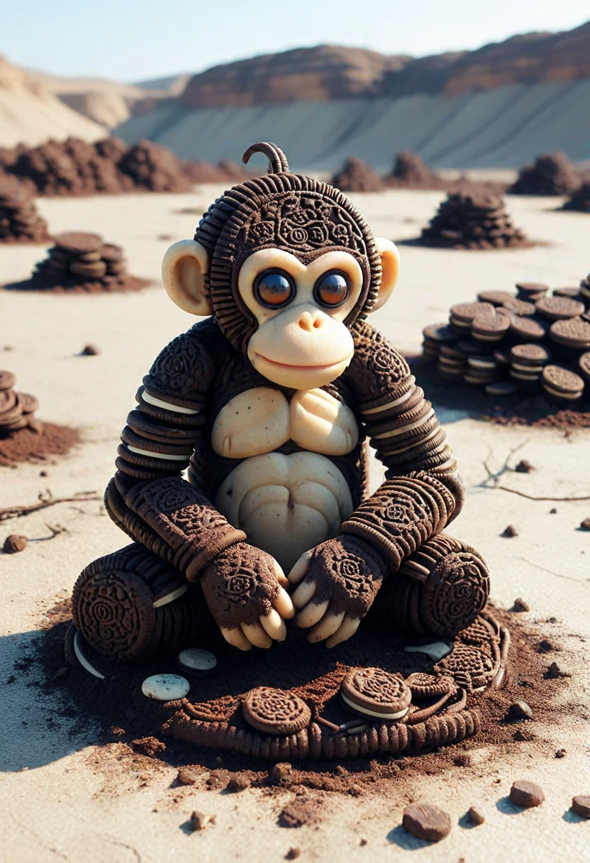 monkey made of creamy cookies,  set in a harsh wasteland, where the scorched earth supports only the hardiest of plants, their gnarled forms testament to the unforgiving climate, ,Masterpiece,best quality, photo, realistic, very aesthetic, time-lapse photography, dynamic motion, fluid transition, changing landscape, evolving scene, captivating visual storytelling, accelerated time