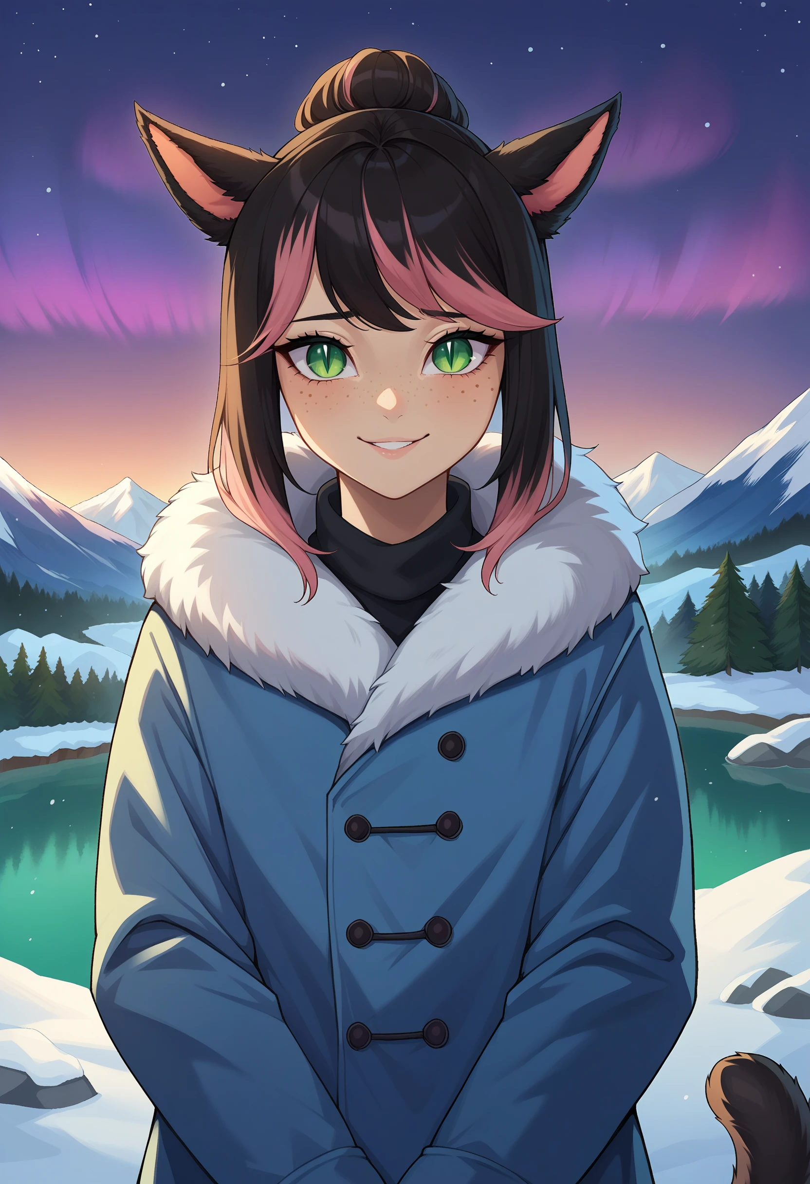 score_9, score_8_up, score_7_up BREAK solo, 1girl, xivmc, cat girl, animal ears, two-tone hair, green eyes, slit pupils, freckles, tail, winter coat, outdoors, night, landscape, snow, rock, lake, aurora, forest, looking at viewer, shy, smile <lora:clamXIVMC_locon-000001:1>