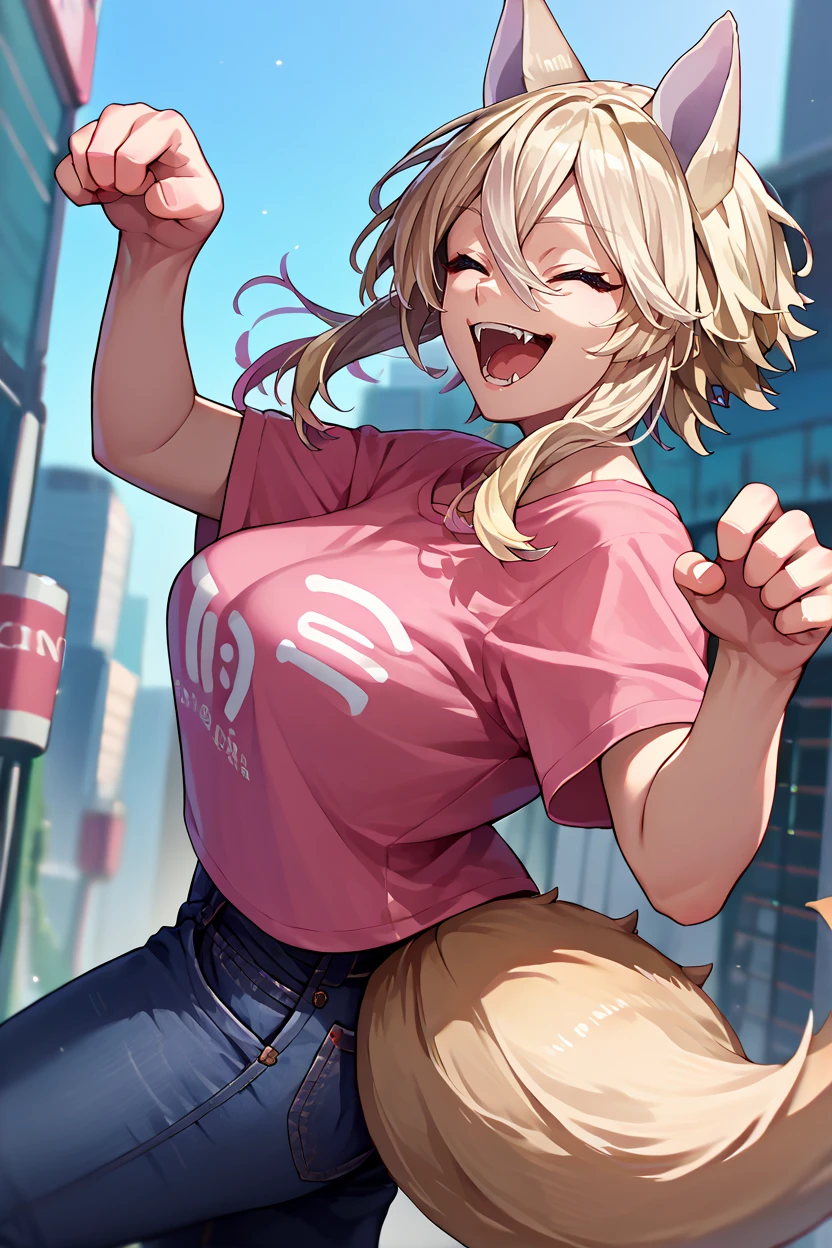 score_9, score_8_up, score_7_up, score_6_up, source_anime, 1girl, solo, <lora:zeta-pdxl-nvwls-v1:1> kageZ, blonde hair, animal ears, tail, large breasts, pink t-shirt, open mouth, fangs, closed eyes, happy, jeans, paw pose, from side, looking at you, city