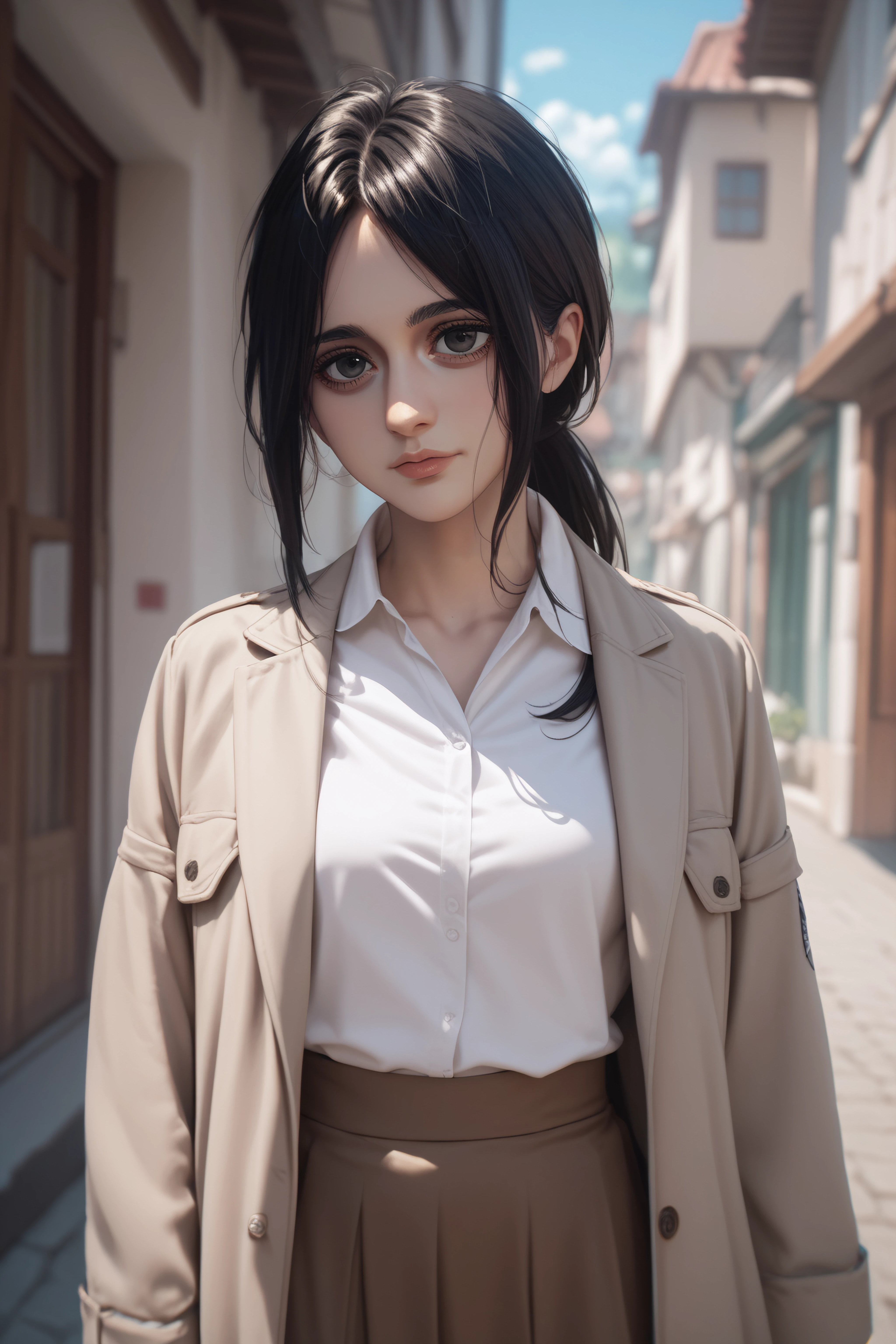 score_9, score_8_up, score_7_up, score_6_up, score_5_up, score_4_up, source_anime, <lora:Pieck Finger-PonyXL-lora-Faxtron:0.8> pieck finger, black eyes, black hair, long hair, medium breasts, beige jacket, white shirt, brown skirt,