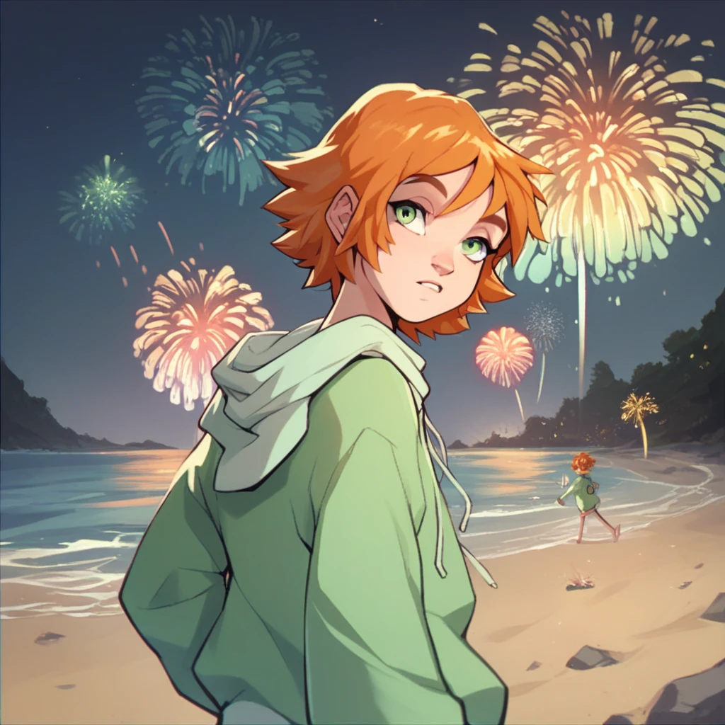 score_9, score_8_up, score_7_up, score_6_up, Alche, W.I.T.C.H., 1girl, solo, solo focus, green eyes, short hair, orange hair, oversized hoodie, long sleeves, at the beach, fireworks, dark, night