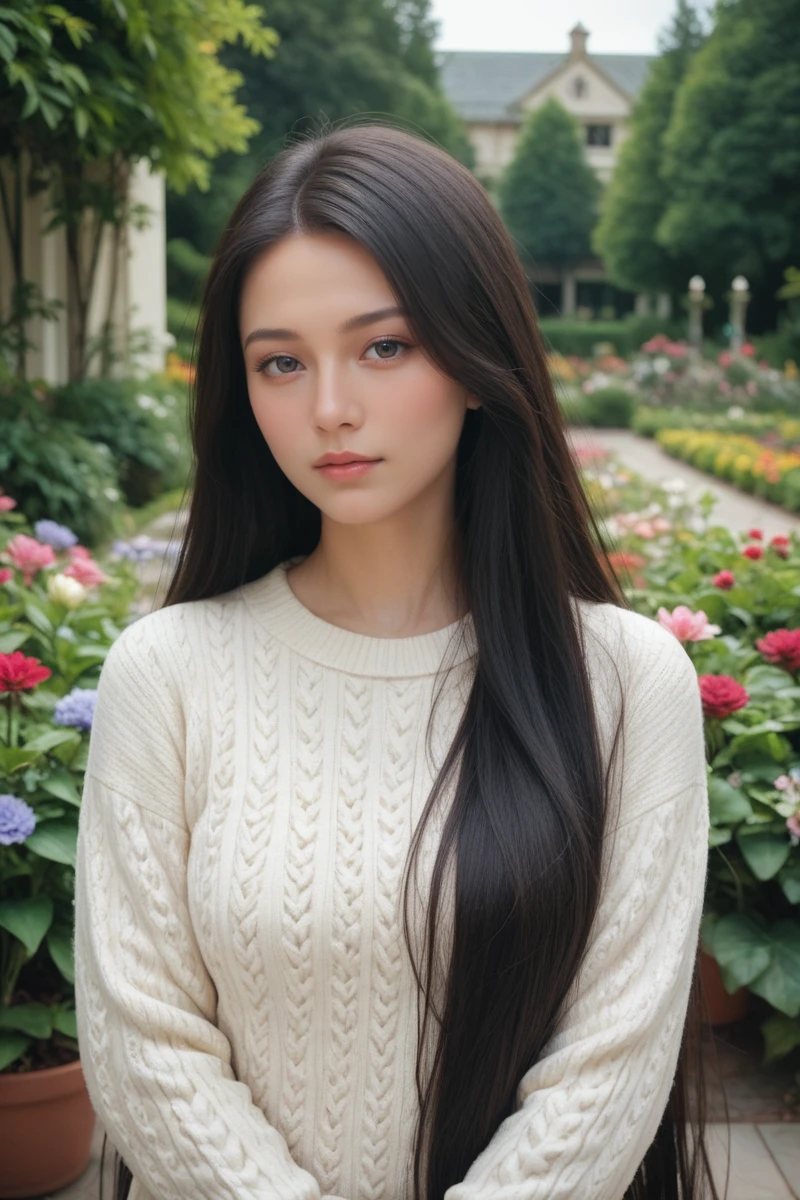 score_9,score_8_up,score_7_up,
masterpiece, 20 years old, 8k, hd, beautiful girl, black hair, very long hair, straight hair,
1girl, detailed face, beautiful woman's face, sweater, garden, full of flowers, looking at viewer, upper body, half body,