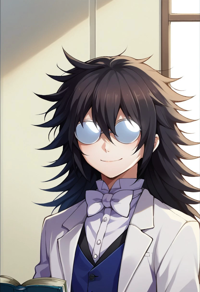 score_9, score_8_up, score_7_up, source_anime, highly detailed, 
leopa, male focus, solo, glasses, 1boy, book, opaque glasses, black hair, long hair, messy hair, smile, bowtie, bow, bowtie, white bowtie, coke-bottle glasses, formal, suit, white suit, jacket, white jacket, vest,  blue vest, upper body,