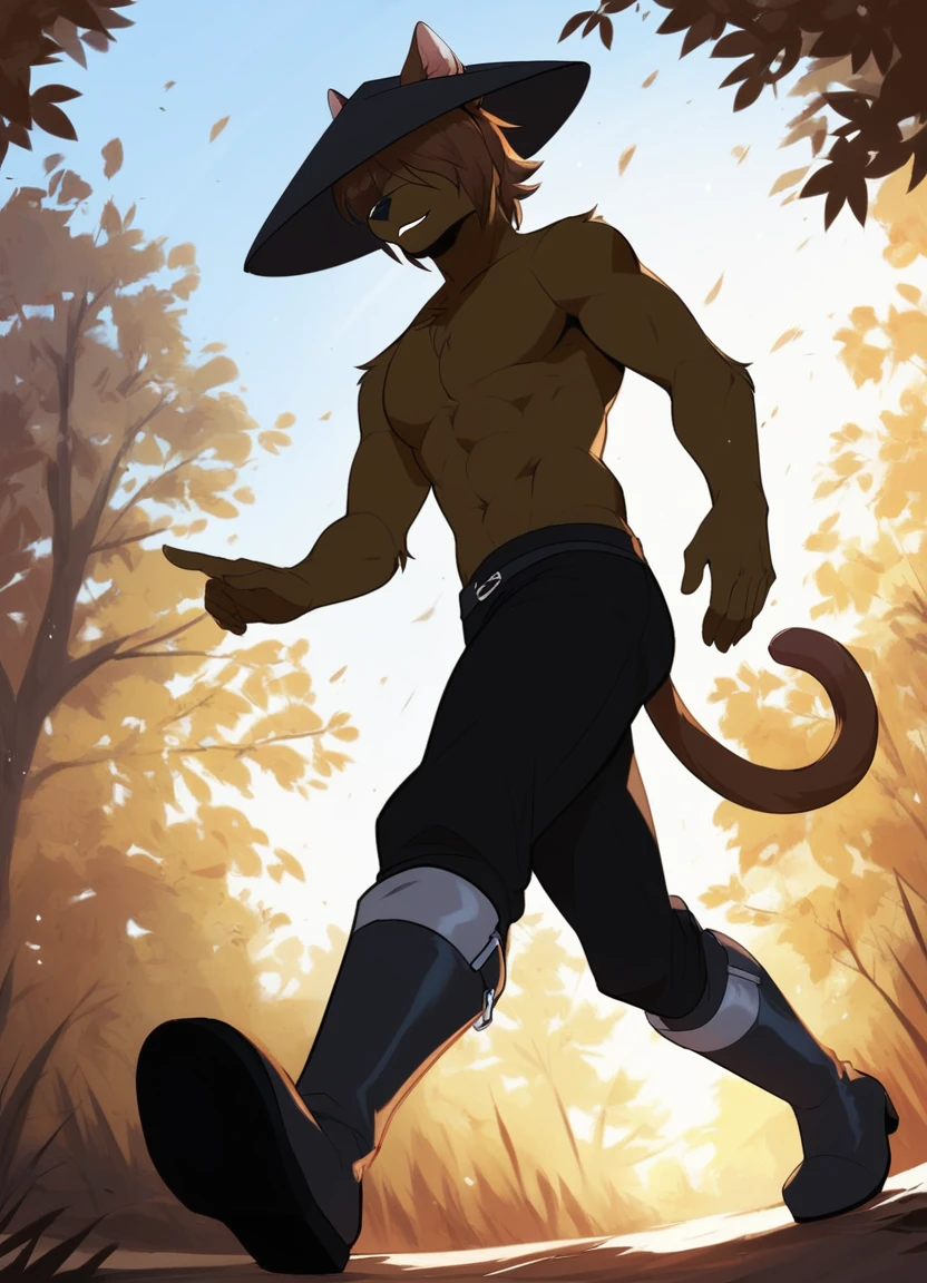 score_9, score_8_up, score_7_up, score_6_up, (carlos_gamerfox:1), ((male focus, 1boy, solo)), male, full body, anthro cat, cat ears, cat tail, brown hair, brown fur, black nose, animal ears, from below, hat, black headwear, hat over eyes, { bare chest, boots, black footwear, pants, black pants, ((walking)), forest background, <lora:CarlosGamerfox_epoch_7:>