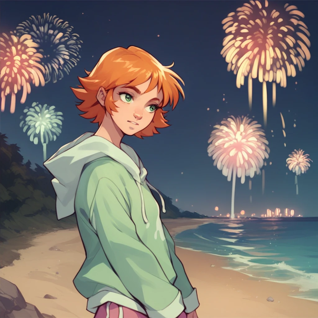 score_9, score_8_up, score_7_up, score_6_up, Alche, W.I.T.C.H., 1girl, solo, solo focus, green eyes, short hair, orange hair, oversized hoodie, long sleeves, at the beach, fireworks, dark, night