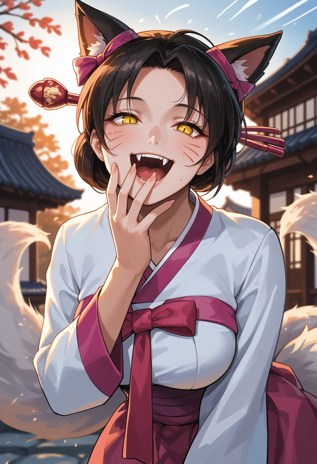 score_9,score_7_up, ahridynasty, animal ears, facial mark, fox tail, multiple tails, short hair, black hair, large breasts, hair Ornament, hair stick, korean clothes, hanbok, bow, ribbon, long sleeves, pink skirt, mature female, upper body, (laughing, open mouth), (half-closed eyes), yellow eyes, slit pupils, looking at viewer, looking down, teary eyes, (mocking), (covering mouth:0.6), hand to own mouth, leaning forward, outdoors, east asian architecture, dawn, sunrise, sunbeam, bokeh, blurred background, fangs, saliva, emphasis lines, open hand, (from below:0.5), <lora:Ahri_Dynasty_pdxl_Incrs_v1:1>