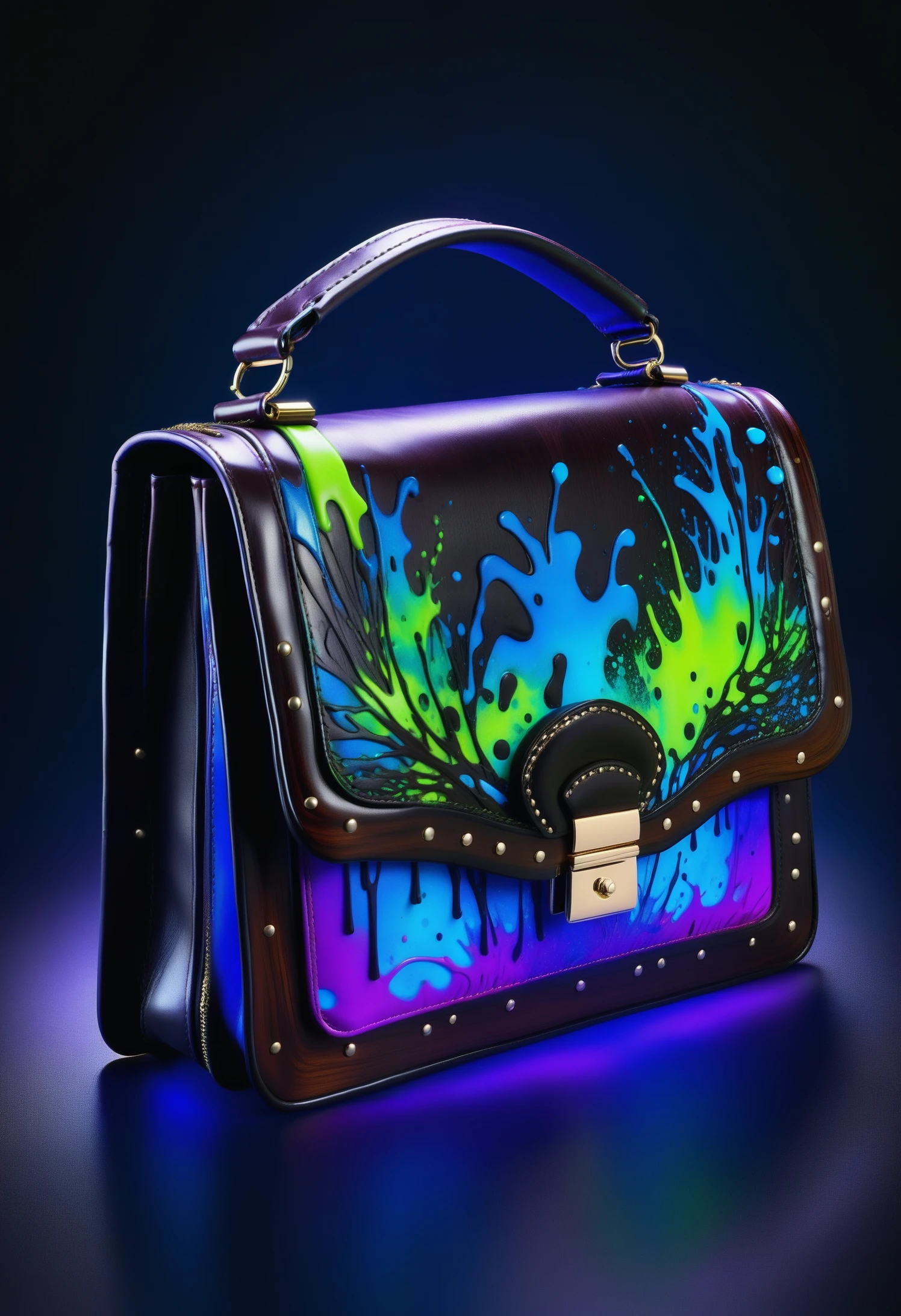 a Haute Couture purse made out of reij-bnysplsh <lora:ebonysplash-000005:1>, Tattoo ink of a masterpiece, landscape of a Verdant Fields of the Harvest Festival, digital manipulation, flowing, highly decorated, intense, ambient atmosphere, stunning