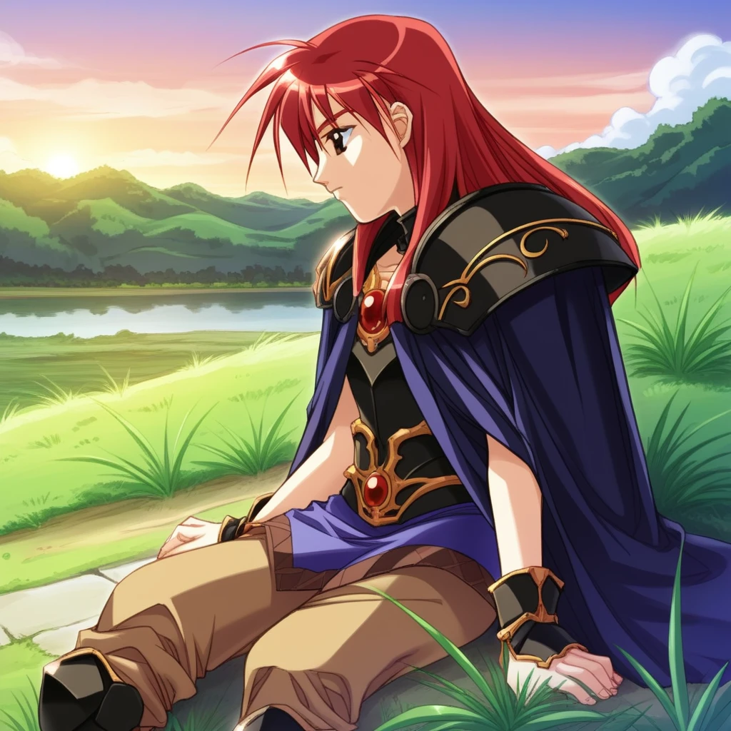 Absurdres, DK4Style, 1girl, female focus, solo, armor, red hair, sitting, outdoors, grass, brown eyes, cape, sky, day, cloud,<lora:DK4Style_SDXL-000005:1.0>