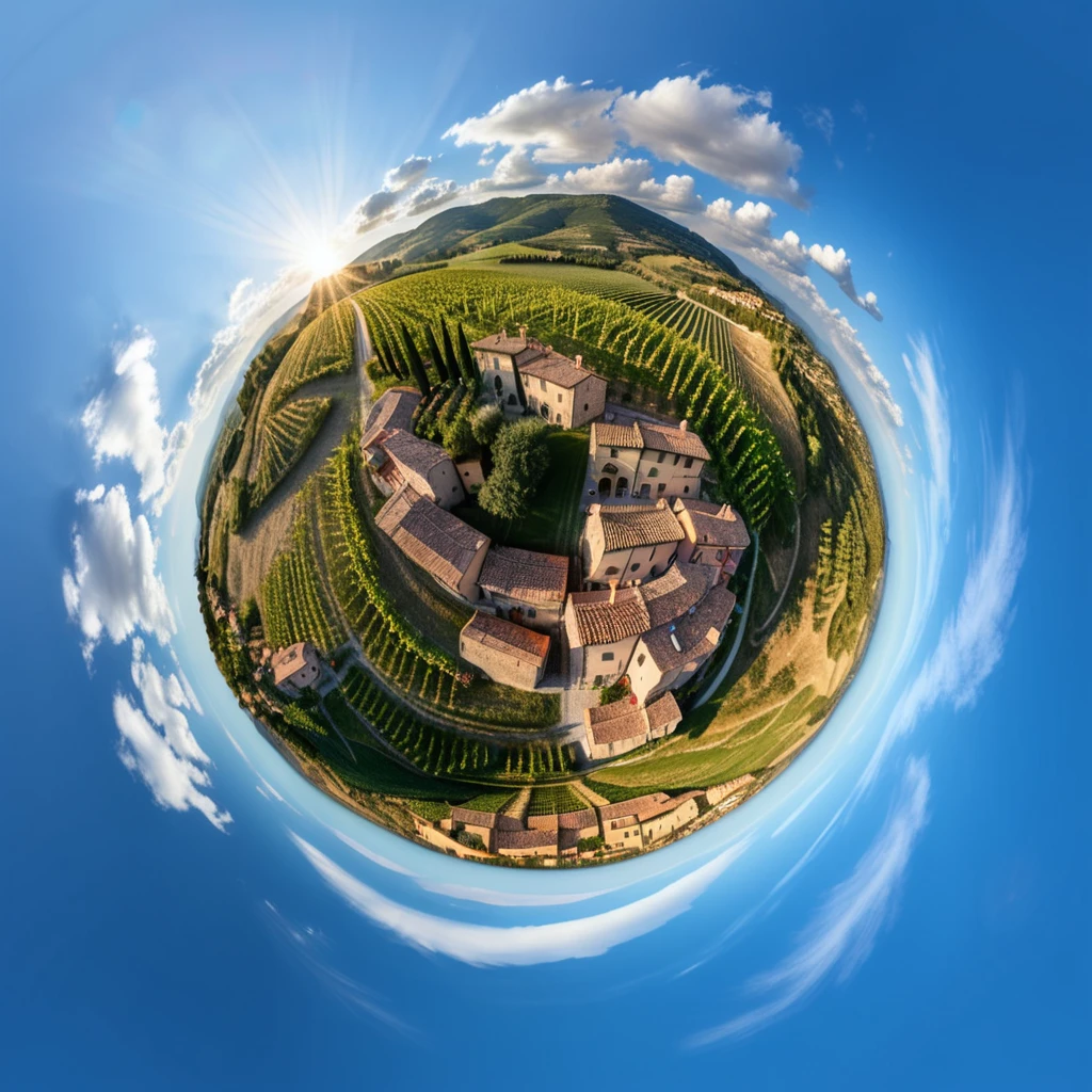 A tiny planet of a quaint village in Tuscany, Italy. The sky is a soft blue with a few clouds. The landscape below features rolling hills, vineyards, and stone houses. The sun is low in the sky, casting a golden light across the scene.
