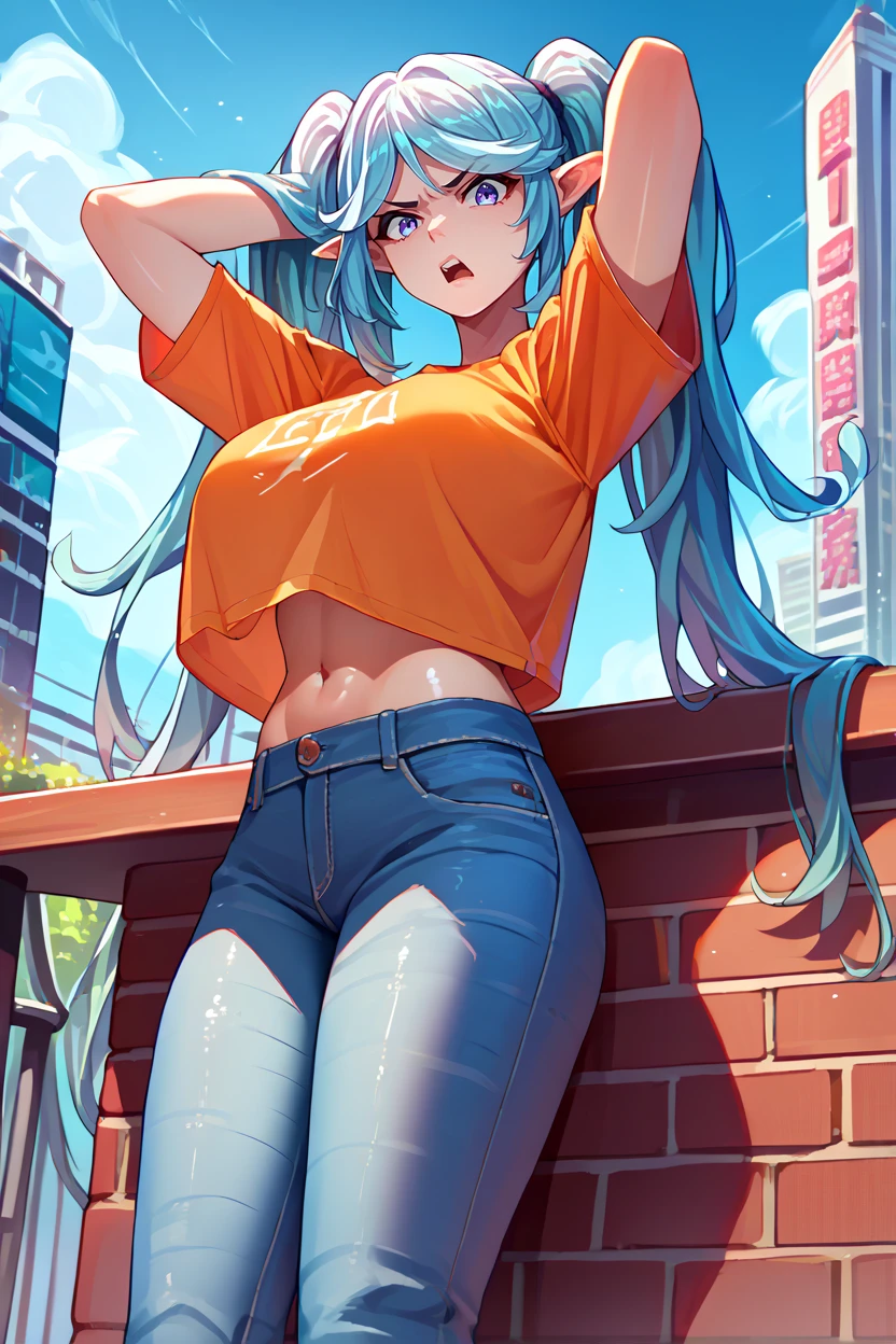 score_9, score_8_up, score_7_up, score_6_up, source_anime, 1girl, solo,  <lora:epsilon-pdxl-nvwls-v1-000008:1> epsilon, pointy ears, twintails, big breasts, orange t-shirt, midriff, shiny skin, looking at you, annoyed, open mouth, jeans, arms behind head, blue sky, city