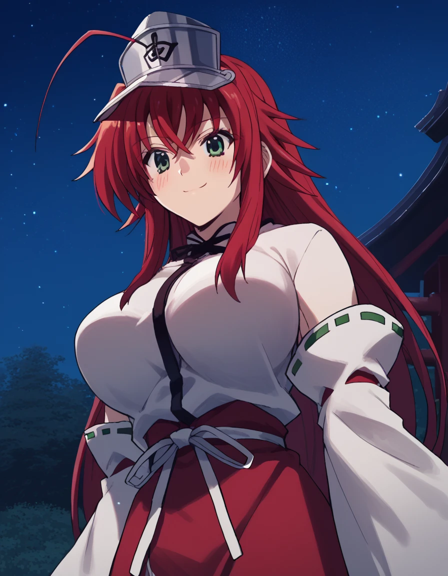 score_9, score_8_up, score_7_up, source_anime, <lora:rias-gremory-ponyxl-lora-nochekaiser:1>, rias gremory, huge ahoge, long hair, hair between eyes, green eyes, red hair, large breasts, <lora:kariginu-ponyxl-lora-nochekaiser:1>, kariginu, japanese clothes, tate eboshi, magatama, visor cap, ribbon-trimmed sleeves, onmyouji, ribbon trim, wide sleeves,,, outdoors, shrine, night, starry sky, smile, blush,, solo, dutch angle, cowboy shot,