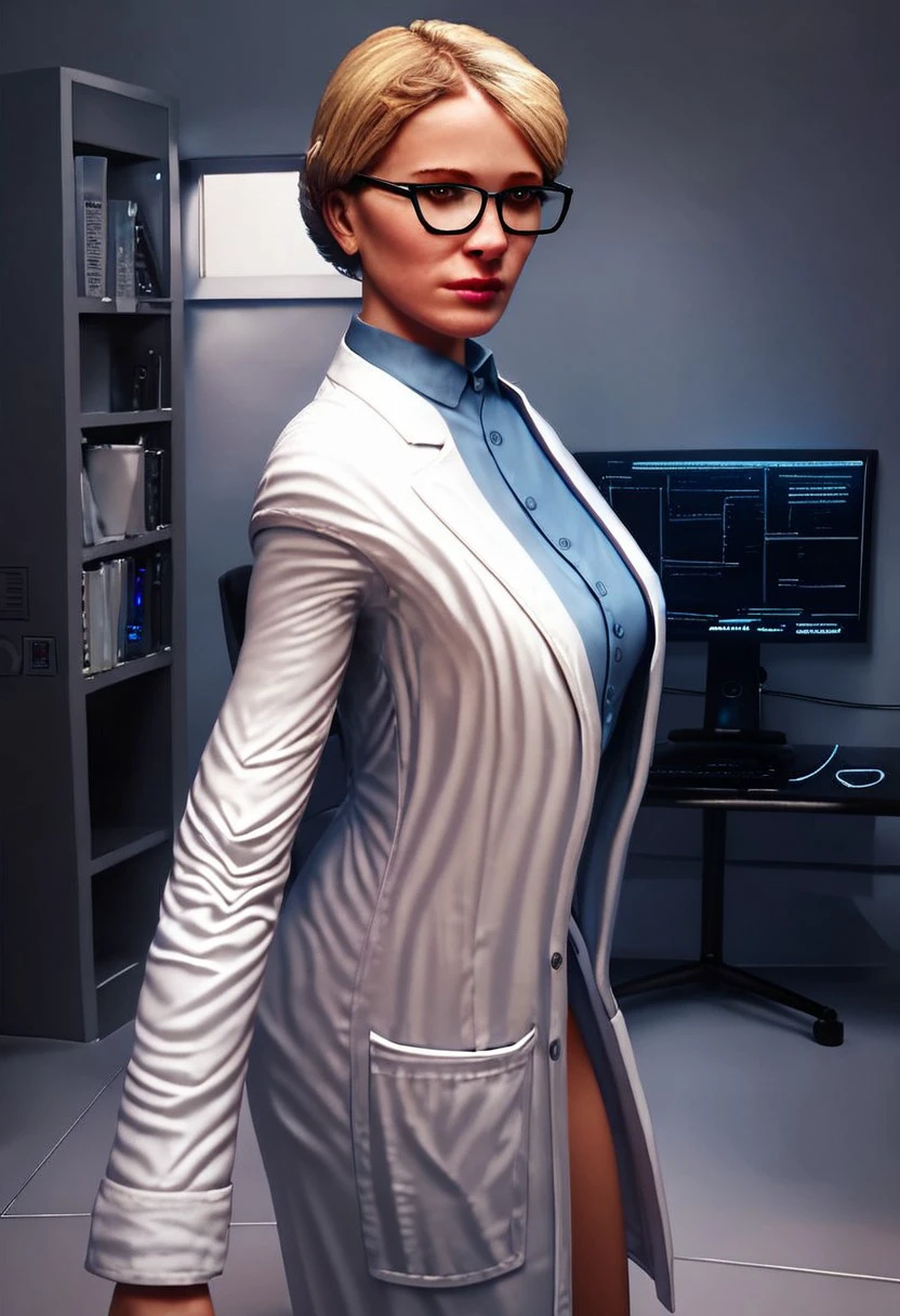 Score_9_up, score_8_up, score_7_up ,scientific laboratory,computers, realistic, beautiful eyes, detailed eyes, standing,  looking at viewer, brown eyes, beautiful eyes,perfect eyes, detailed face, perfect face, scientist, lab coat, shirt, blonde, glasses, detailed_eye_model