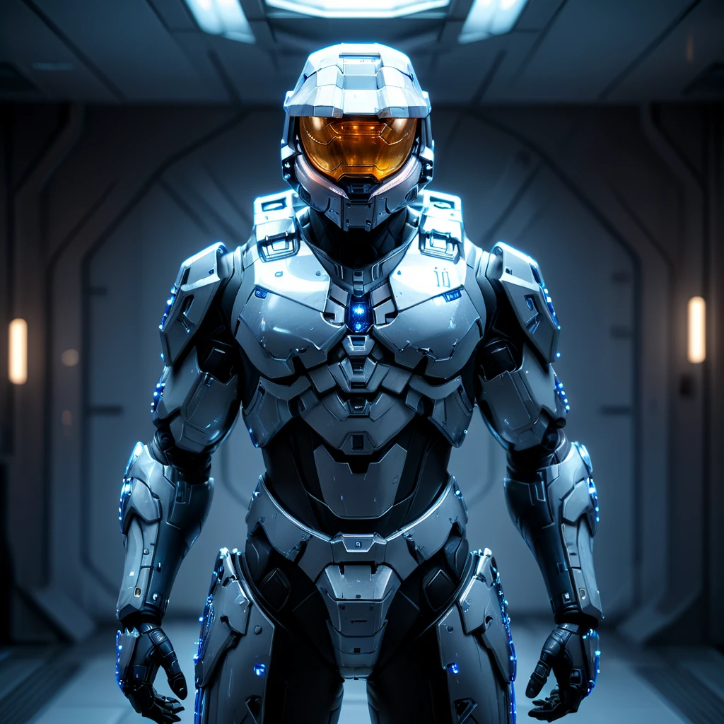 Master Chief suit made of silver and blue glow, standing in a futuristic labb, SilverPulse, masterpiece, best quality, highly detailed, sharp focus, dynamic lighting