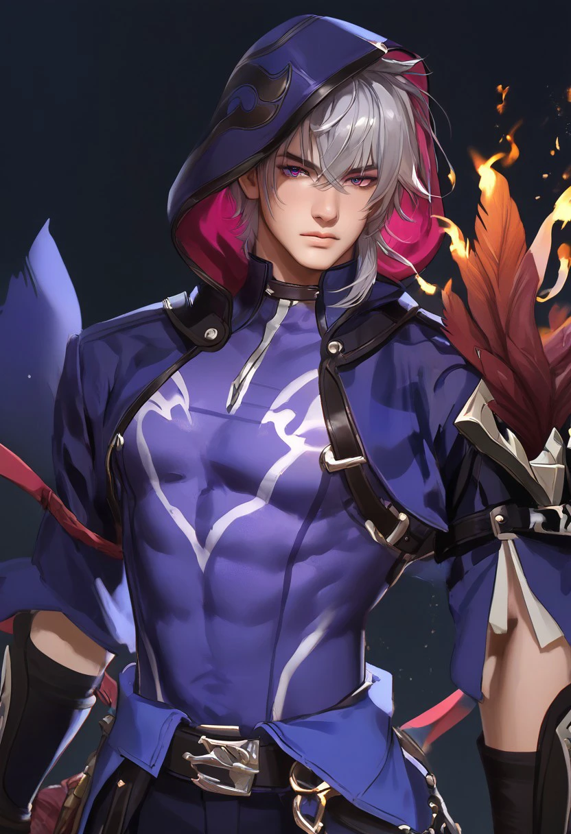 1boy, solo, male focus, slim toned male, moze_(hsr), moze, grey purplish hair, wolfcut hair, bangs between eyes, pale skin, purple eyes, slim face, detailed eyes, confident,
splash art background, detailed light, light on hair, glowing purple, fire, sunny light, close up, 
costume, feathers on one shoulder, hood, looking at viewer, front view, relax, pectorals, abs, big chest, big thigh, 
rating PG, score_9,score_8_up,score_7_up, source_anime, male focus, manly, tall, detailed eyebrow, sharp eyebrows, focus on thigh, thigh focus, random view, muscular, hung