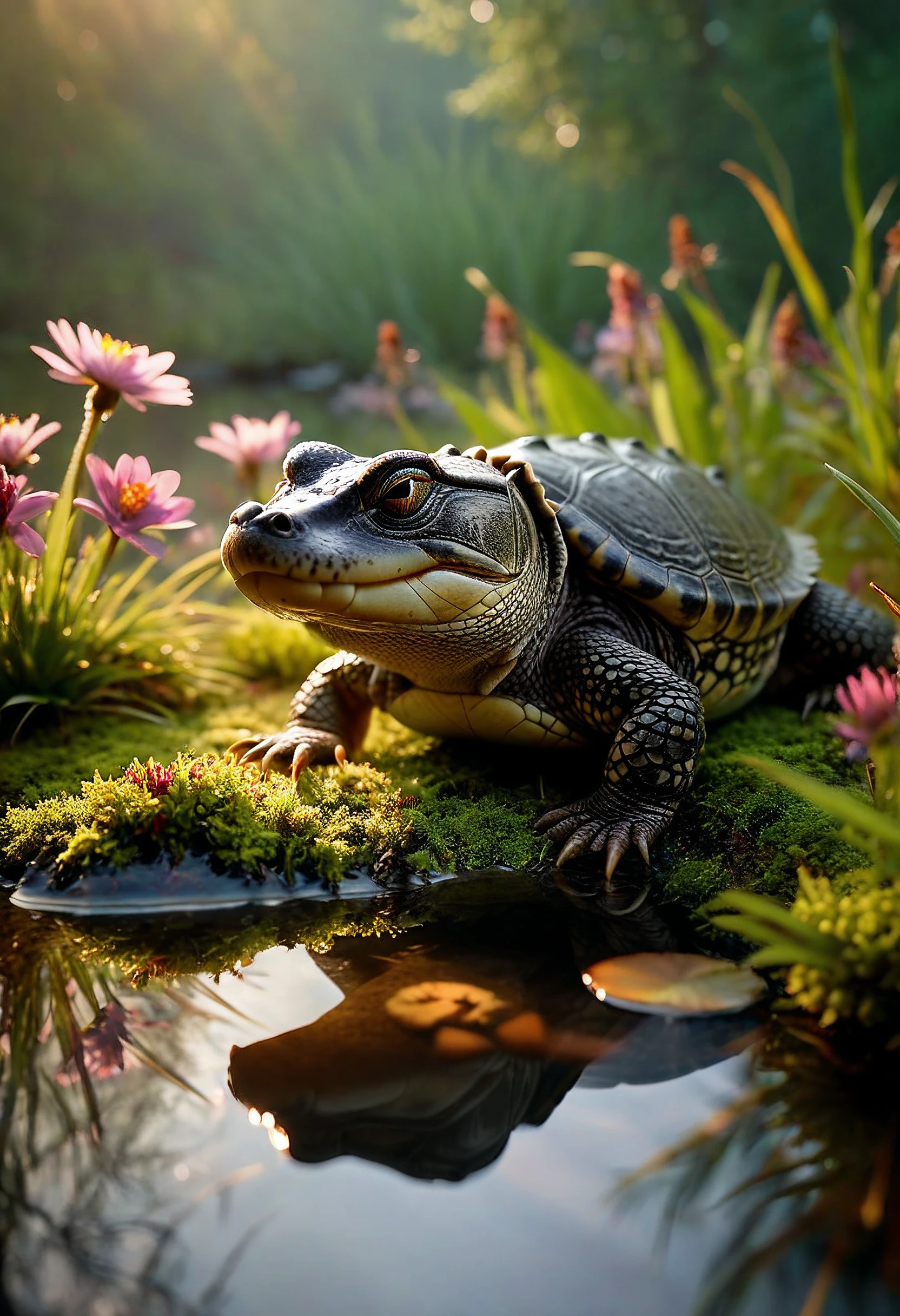 cinematic film still Dawn, soft pastel hues bathe a tranquil pond, a tiny alligator-turtle hybrid emerges from the mist, perching on a moss-covered rock, its scales glistening, steam rising gently from the water, colorful wildflowers bloom nearby, reeds swaying softly, rim lighting accents the creature's form, style of style of Howard Terpning. . shallow depth of field, vignette, highly detailed, high budget, bokeh, cinemascope, moody, epic, gorgeous, film grain, grainy