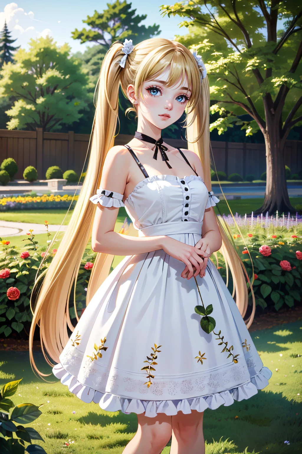 ((ultra detailed, masterpiece, absurdres))
<lora:LANia:0.8>
LANia, 1girl, blonde hair, twin tails, long hair, looking at viewer, rose garden, gardening, floral background