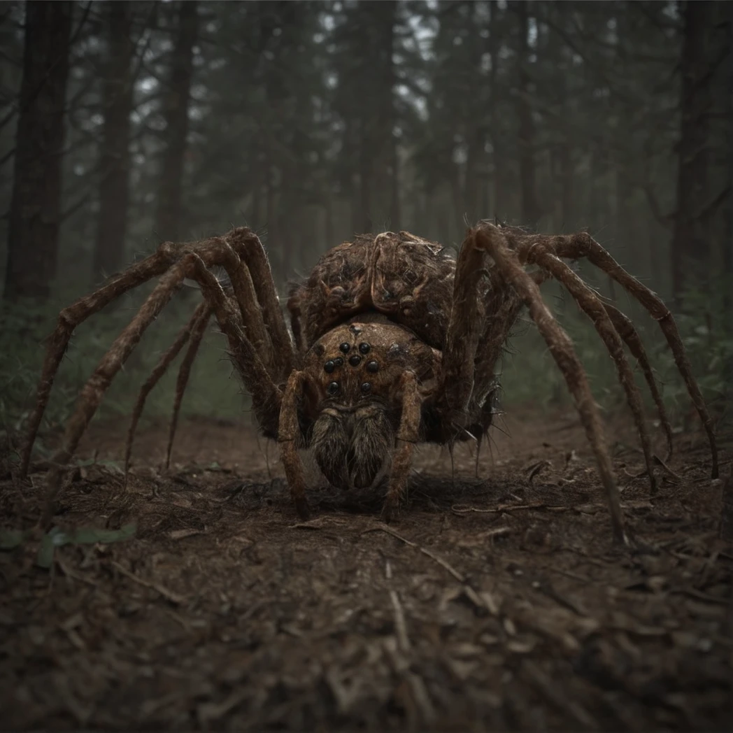 (Spider), Carrying babies Spiders on its back, Eight legs, four on each side, full body, day, natural Light, (creature, monster), (UHD, 8K, ultra detailed, looking at the camera, moody forest, highly detailed, best quality, high detail, amazing detail, masterful, work of a master, highly detailed background, shallow depth of field, photorealistic, RAW image, 8k high resolution, ray tracing, realistic, volumetric lighting), 
