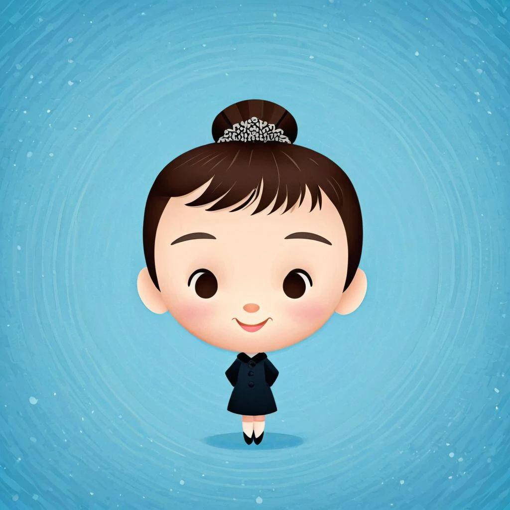 cartoon portrait of Audrey Hepburn, in jmawx style, cute chibi, full character, smile, detailed facial features, Sky Blue background with subtle pattern <lora:Jerrod_Maruyama_XL_V11.1:0.85>