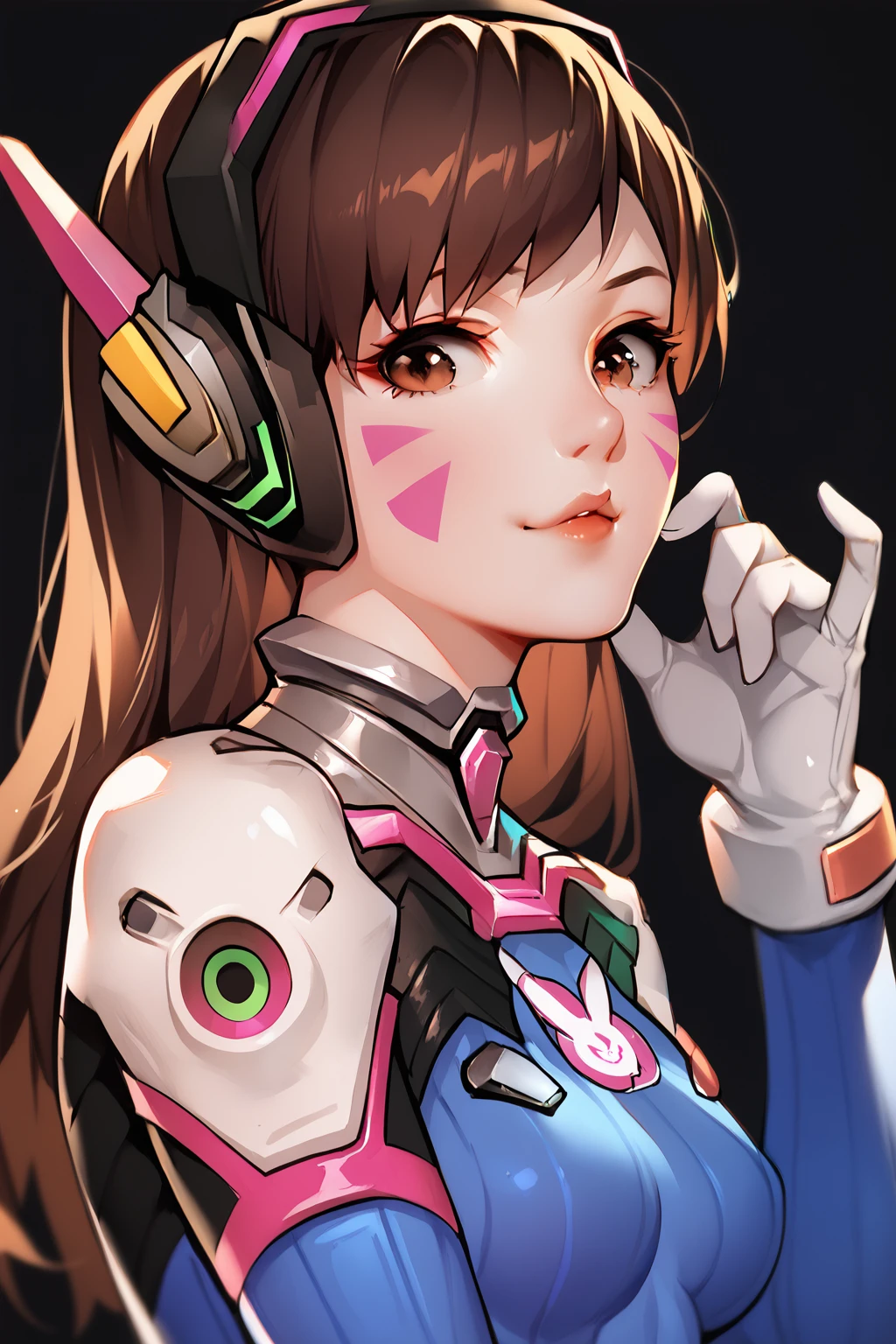 <lora:DVApony:1>,
score_9,score_8_up,score_7_up,score_6_up,score_5_up,score_4_up,
HanaSong,1girl,solo,d.va,(overwatch),gloves,long hair,facial mark,brown hair,headphones,brown eyes,facepaint,bangs,whisker markings,(covered nipples:0.3),brown eyes,
black background,