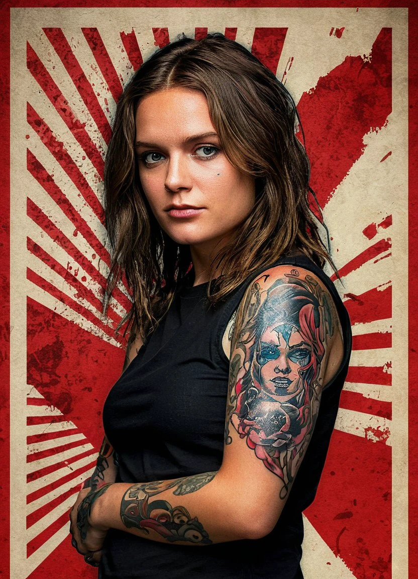 <lora:Tove Lo-000007:1>, ((tdptvl woman)) ,an illustration of a woman with tattoos on a grunge background, in the style of bo chen, bold graphic comic book art, black and red, raymond leech, 32k uhd, ai weiwei, bold poster, looking at camera