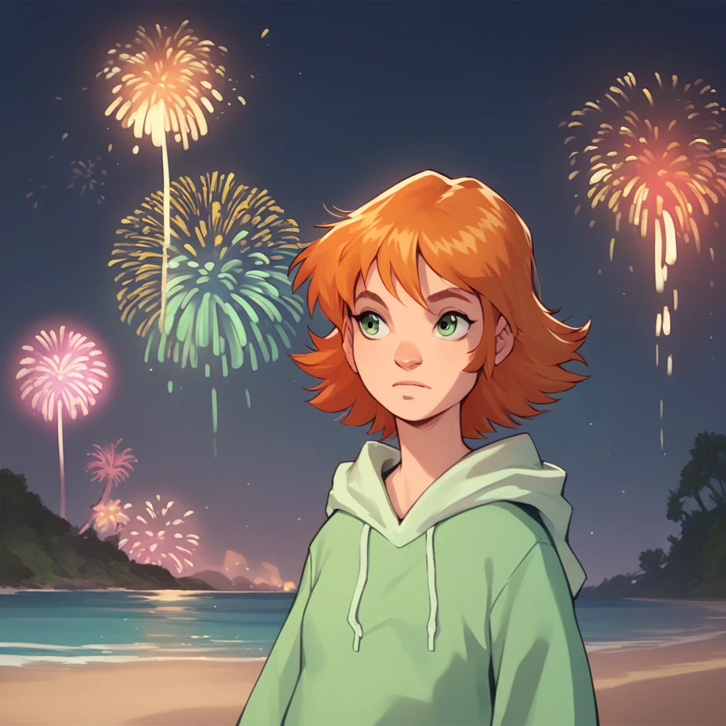 score_9, score_8_up, score_7_up, score_6_up, Alche, W.I.T.C.H., 1girl, solo, solo focus, green eyes, short hair, orange hair, oversized hoodie, long sleeves, at the beach, fireworks, dark, night