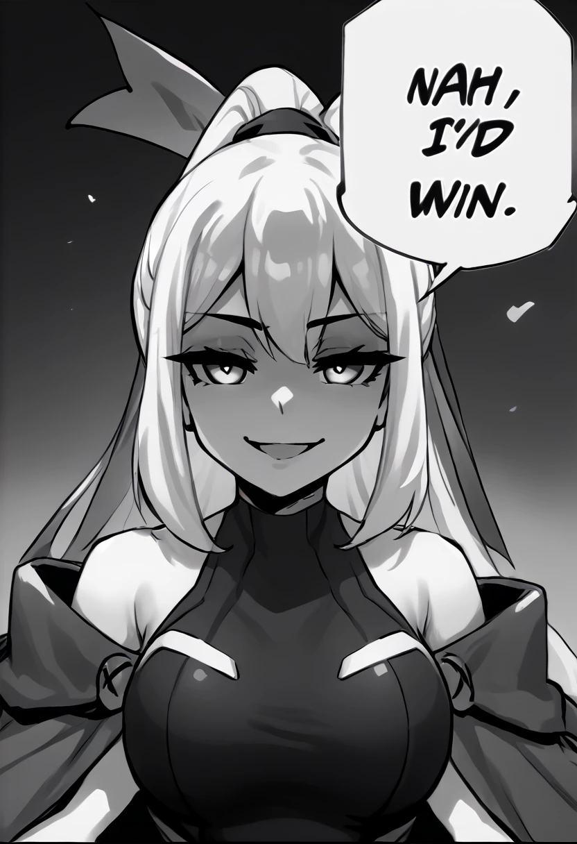 score_9, score_8_up, score_7_up, source_anime, monochrome, greyscale, nahidwin, speech bubble, english text, solo, 1girl, xbox-chan, smile, looking at viewer, ponytail, hair ribbon, black leotard, cape, bare shoulders, breasts <lora:consolegirls_xbox_ponyXL:1> <lora:meme_nahidwin_ponyXL:1>
